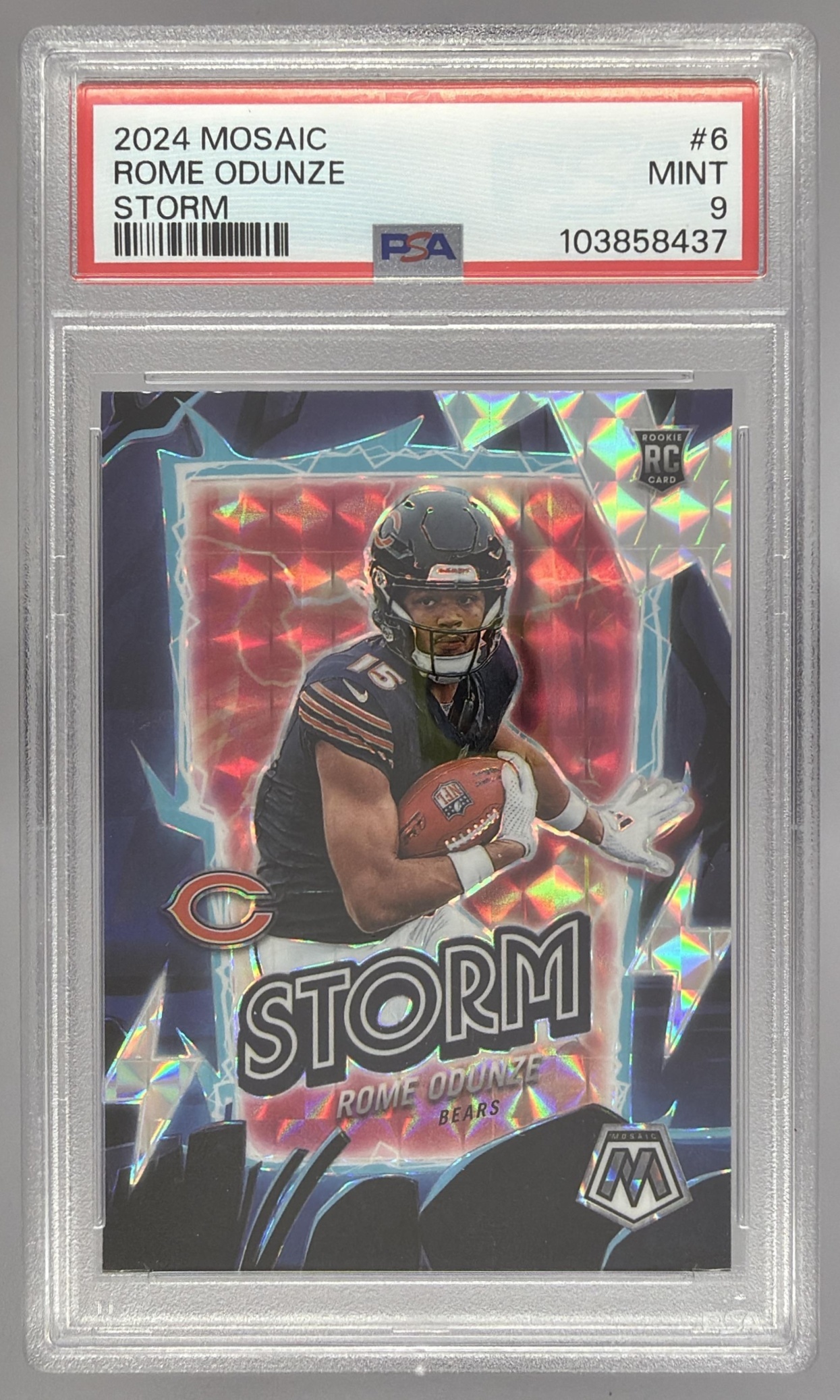 Card image for 2024 Panini Football Mosaic Rome Odunze Storm Silver #6 RC Chicago Bears