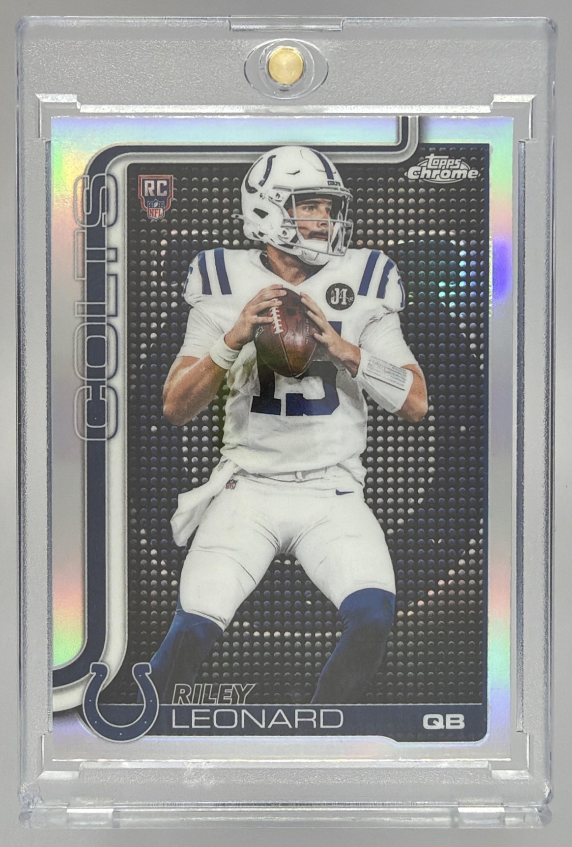 Card image for 2025 Topps Chrome Riley Leonard Lightboard Logo Variation #318 RC Colts