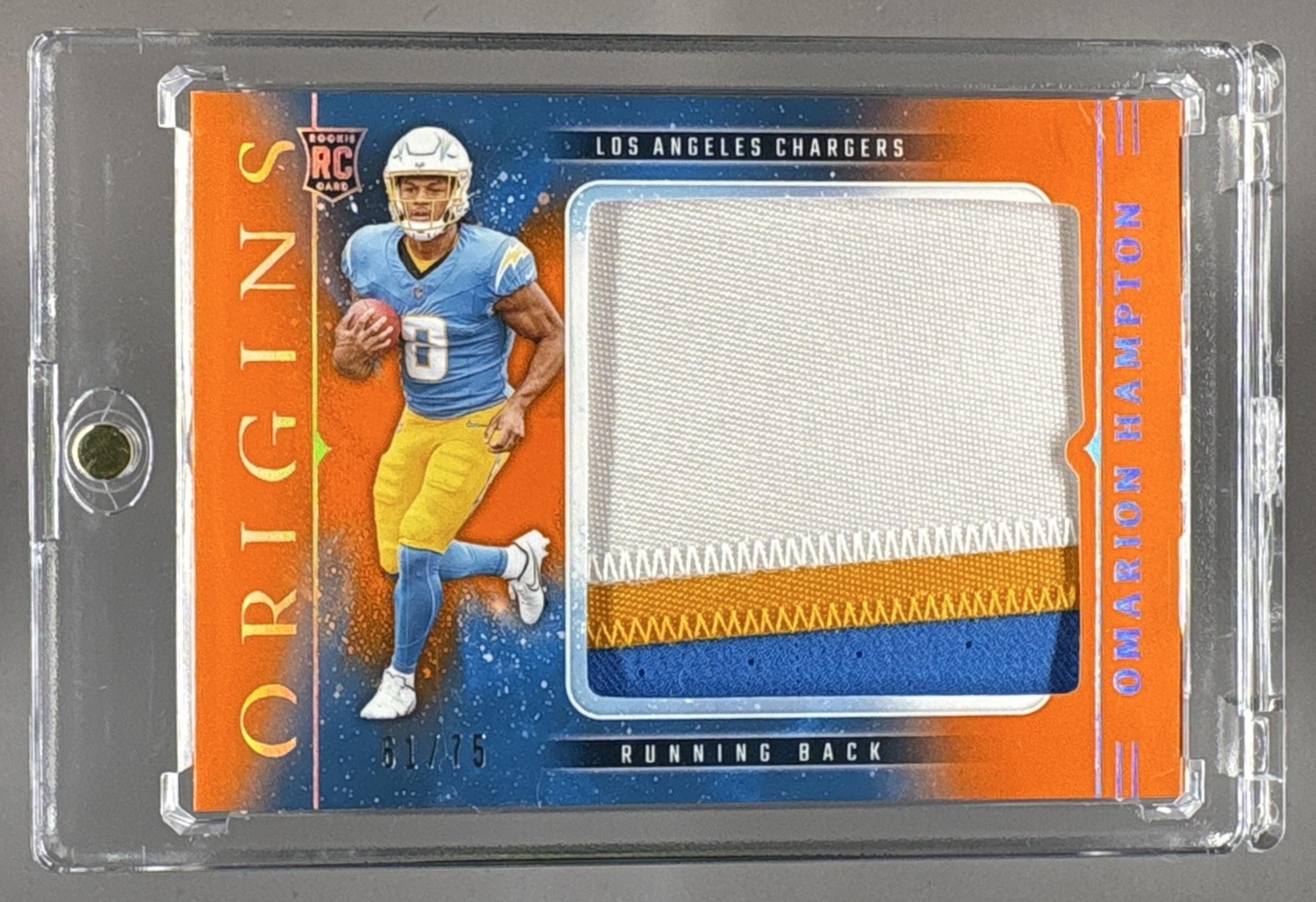 2025 PANINI ORIGINS OMARION HAMPTON #RJY-OHN ROOKIE JUMBO JERSEY ORANGE /75 RC