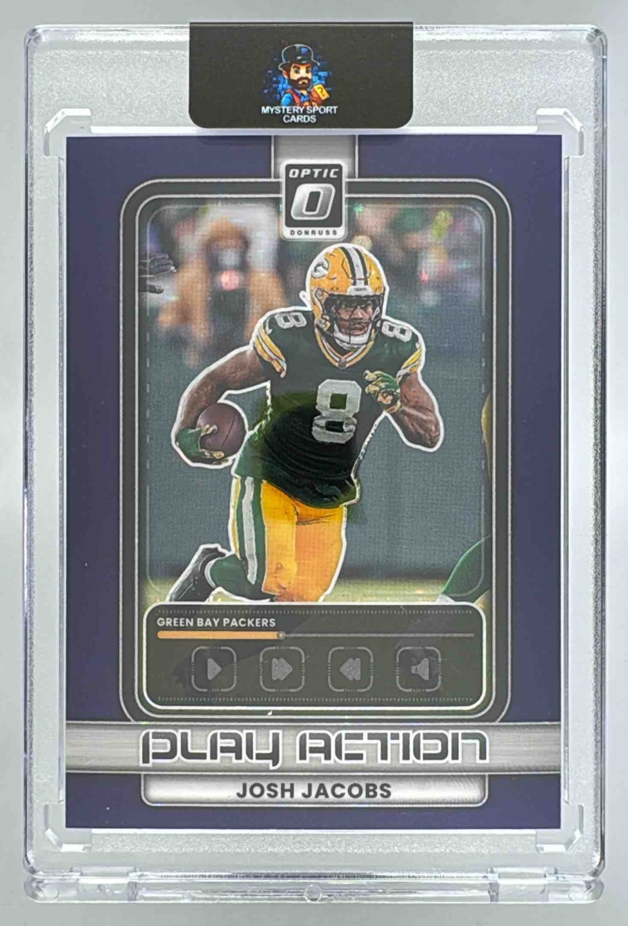 Card image for 2025 Panini Donruss Optic Josh Jacobs Play Action Purple Stars Prizm /25 #4 Packers