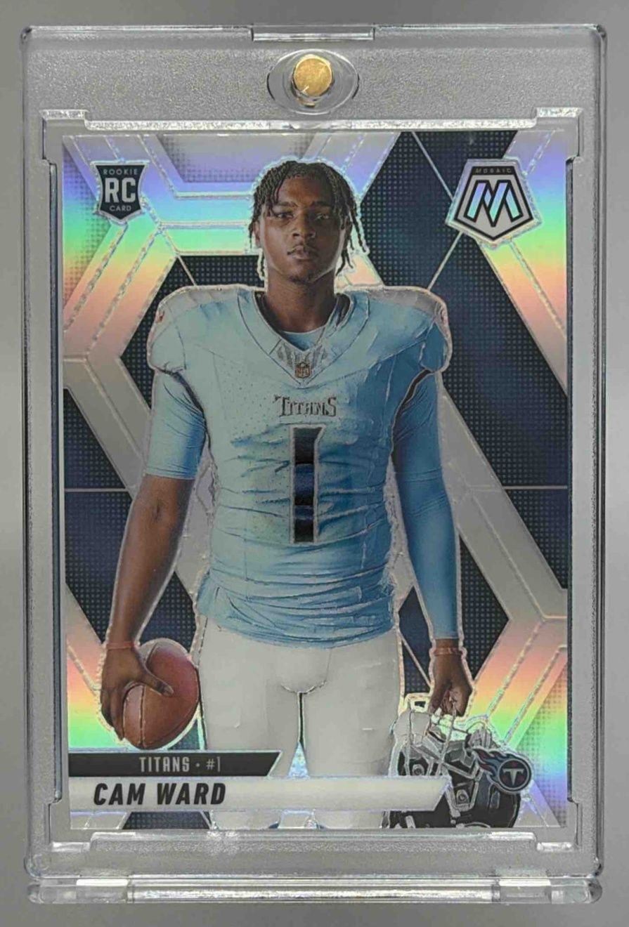 Card image for 2025 Panini Mosaic Cam Ward Rookie Variation Purple Scope Prizm #272 RC Titans