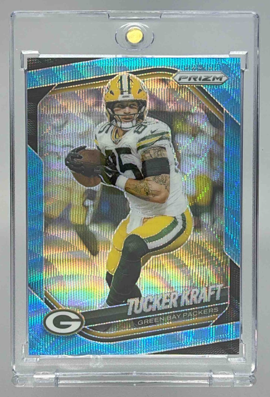 Card image for 2025 Panini Football Prizm Tucker Kraft Blue Wave /230 #127 Green Bay Packers