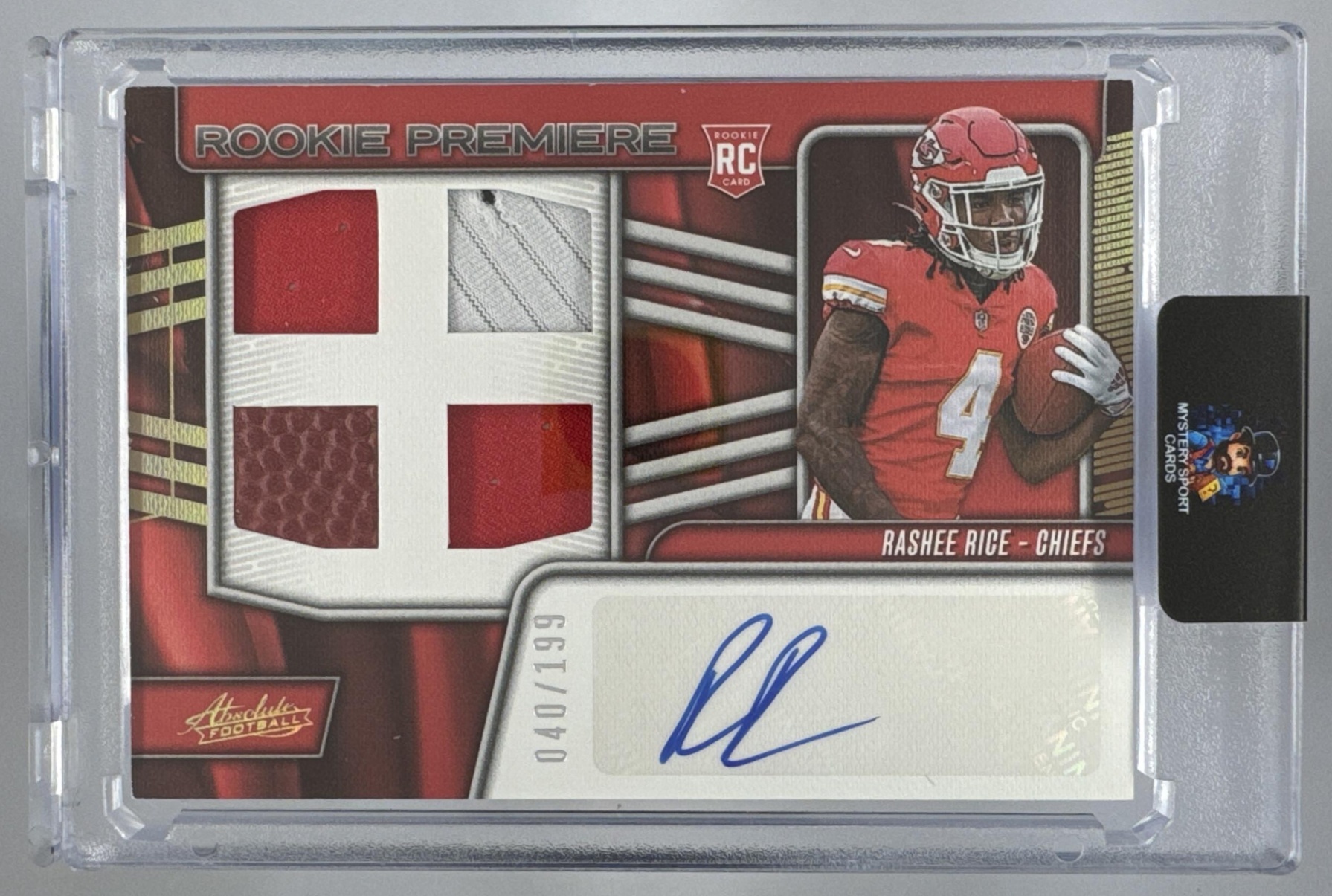 Card image for 2023 Panini Absolute Rashee Rice Rookie Premiere Materials Autos Quad /199 #RPMA-RR MEM Auto Chiefs