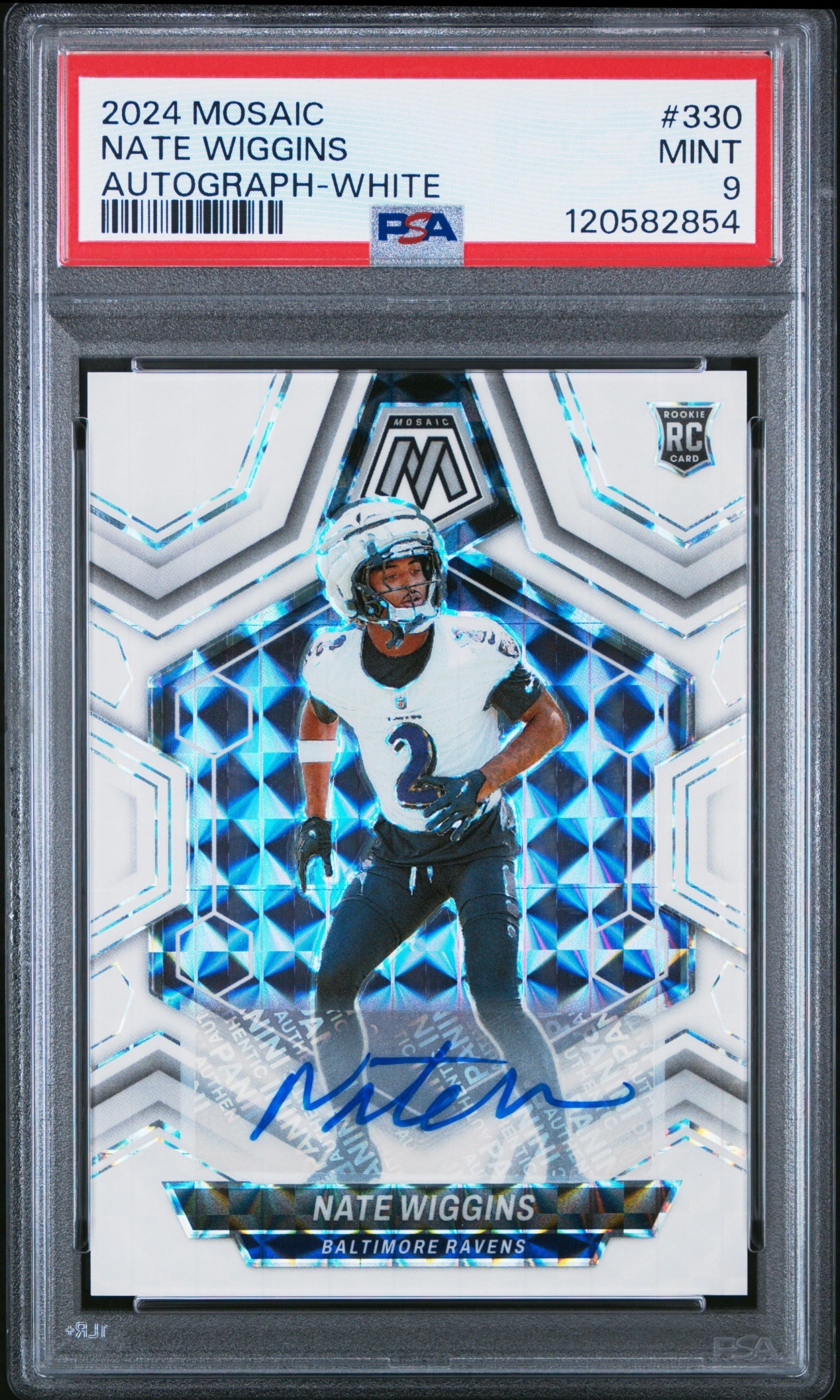 Card image for 2024 Panini Mosaic Nate Wiggins Rookie Auto White Prizm /25 #330 RC Ravens