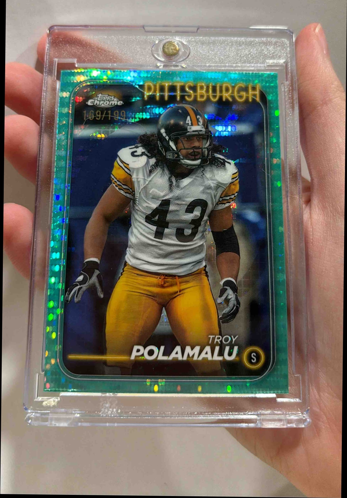 Card image for 2024 Topps Chrome Troy Polamalu Aqua Refractor /199 #162 Steelers