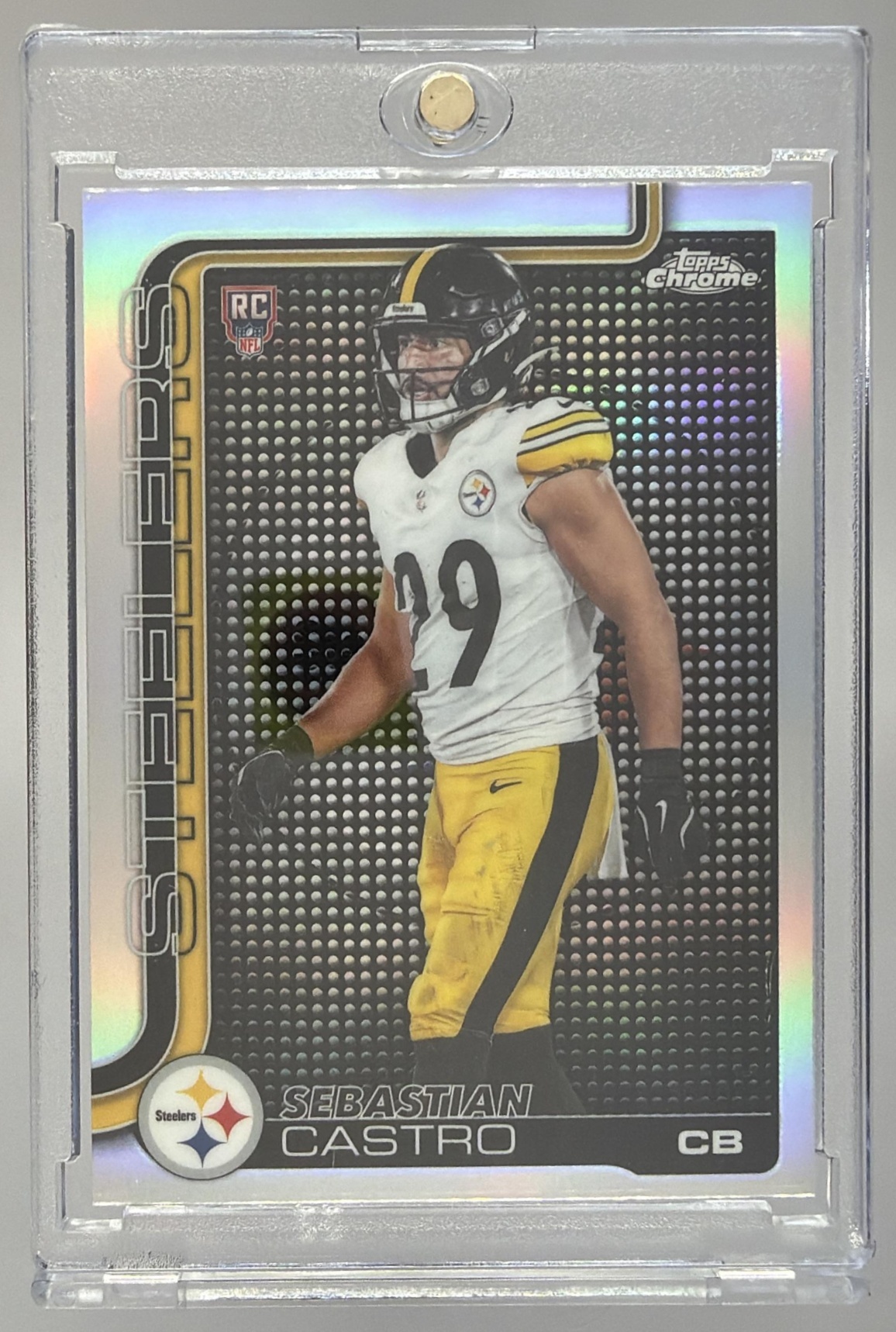 Card image for 2025 Topps Chrome Sebastian Castro Lightboard Logo Variation #370 RC Steelers