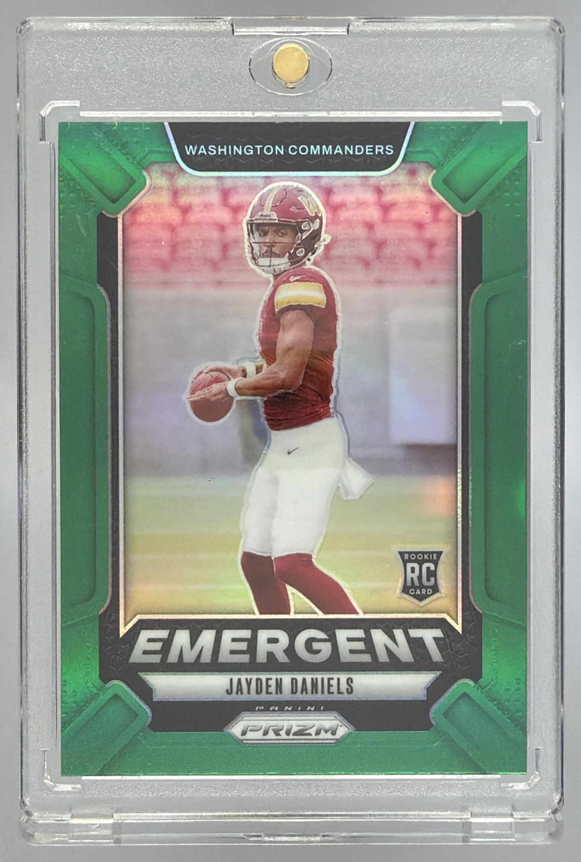 Card image for 2024 Panini Prizm Jayden Daniels Emergent Green #2 RC Commanders