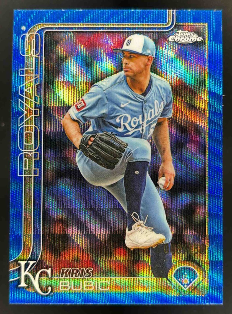 Card image for 2025 Topps Chrome Update Kris Bubic Blue Wave Refractor /150 #USC115 Royals