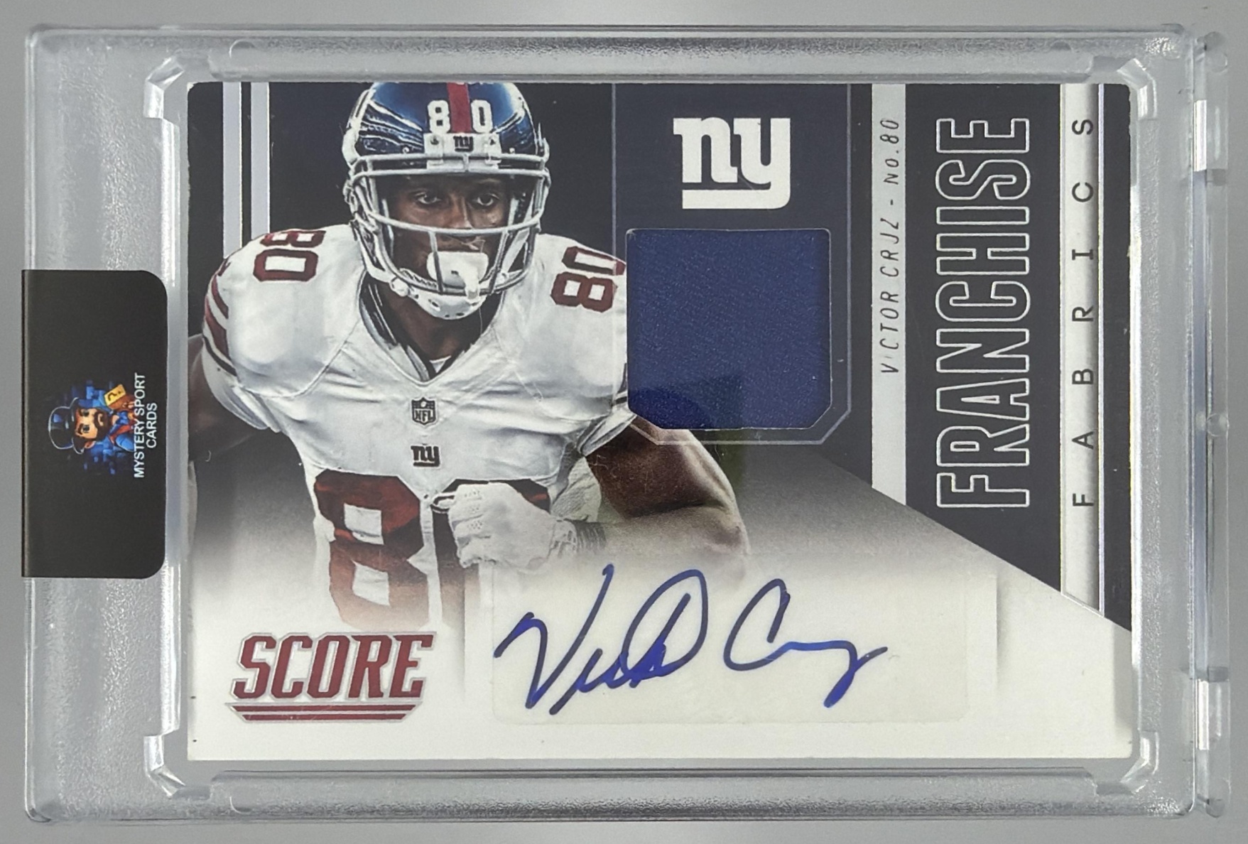 Card image for 2014 Panini Hot Rookies Victor Cruz Score Franchise Fabrics Auto #FF-VC MEM Giants