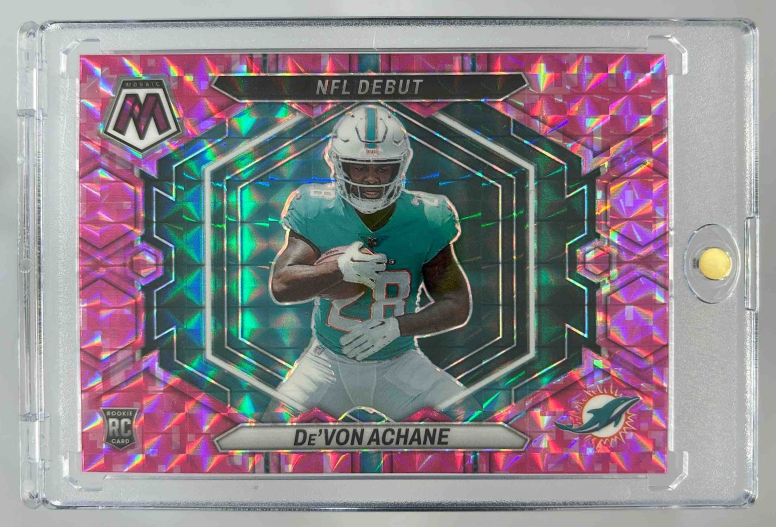 Card image for 2023 Panini Football Mosaic De'Von Achane #ND-8 RC NFL Debut Miami Dolphins