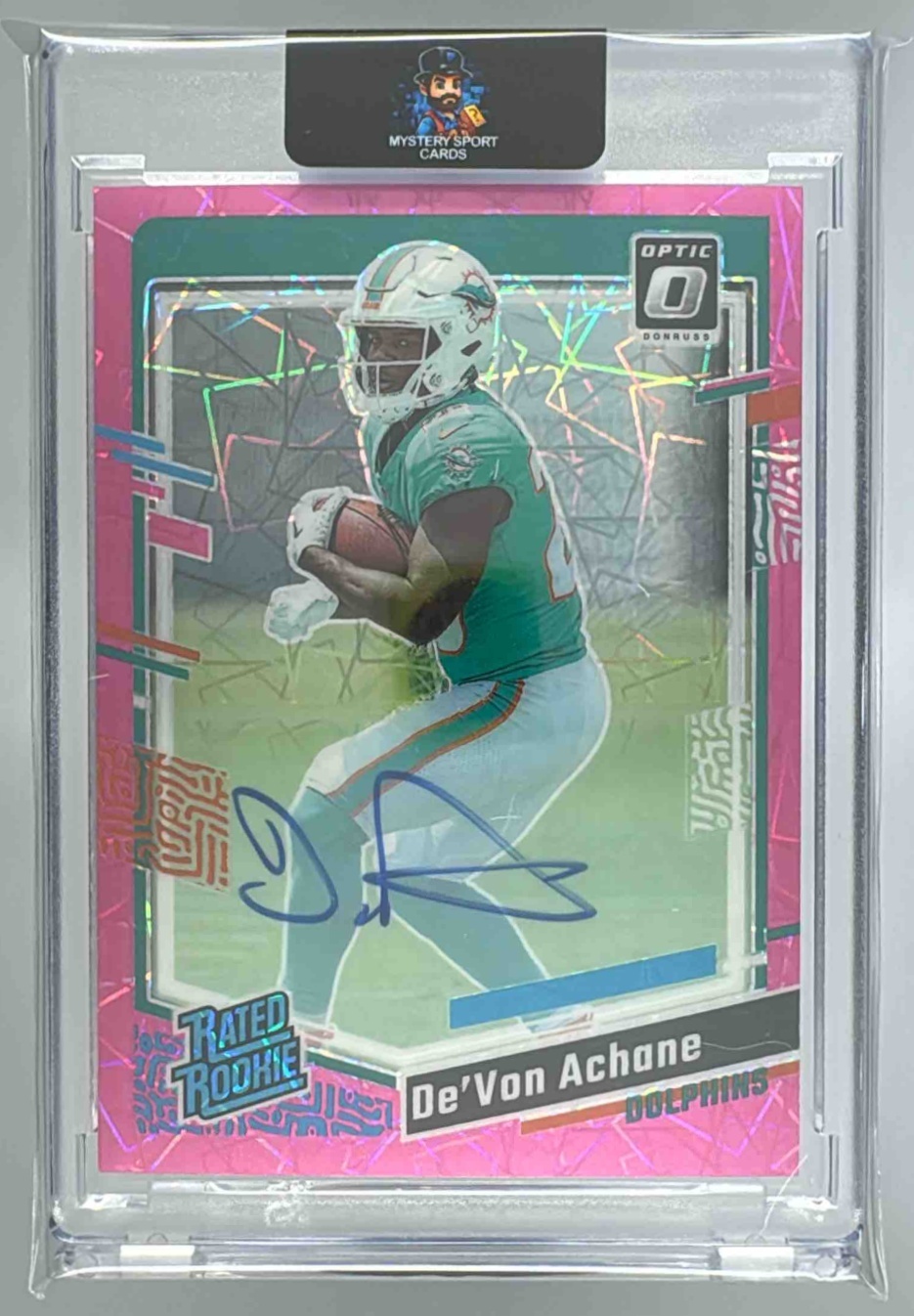 Card image for 2023 Panini Donruss Optic De'Von Achane Rated Rookie RPS Auto Pink Velocity /50 #269 RC Dolphins