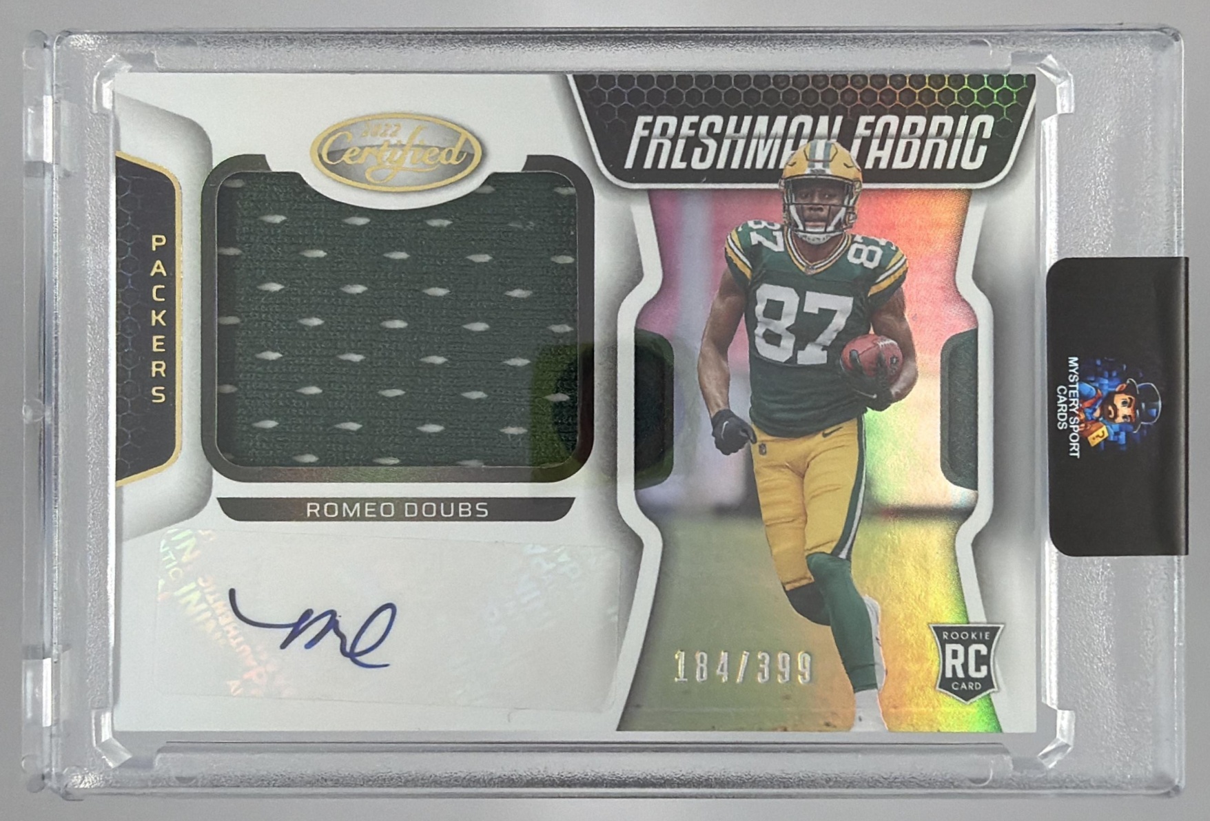 Card image for 2022 Panini Certified Romeo Doubs /399 #234 MEM Auto RC Freshman Fabric Packers