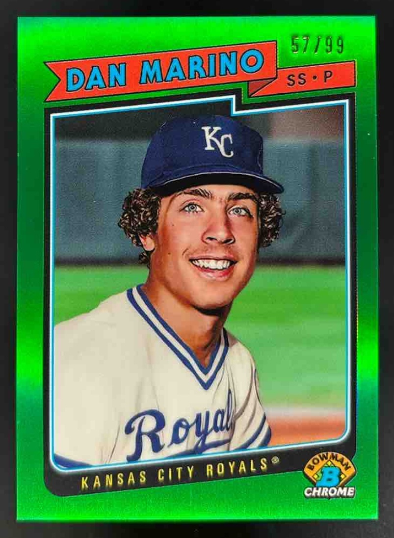 Card image for 2025 Bowman Draft Dan Marino Dream Pick Chrome Green Refractor /99 #79D-DM