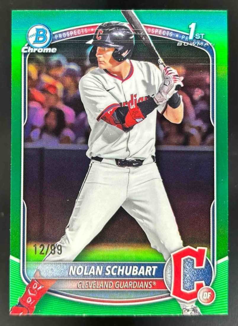 Card image for 2025 Bowman Draft Nolan Schubart Chrome Green Refractor /99 #BDC-192 Guardians