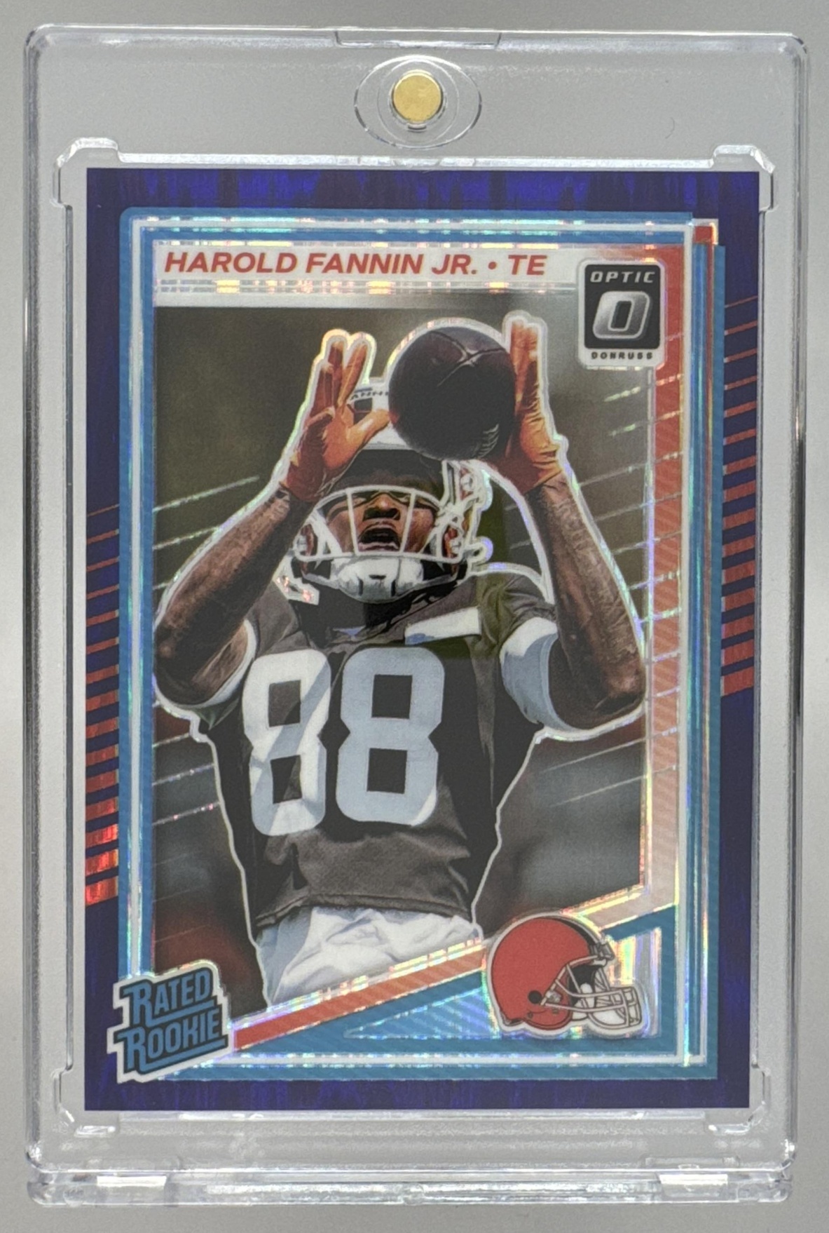 Card image for 2025 Panini Donruss Optic Harold Fannin Jr. Rated Rookie Purple Shock Prizm #284 Browns