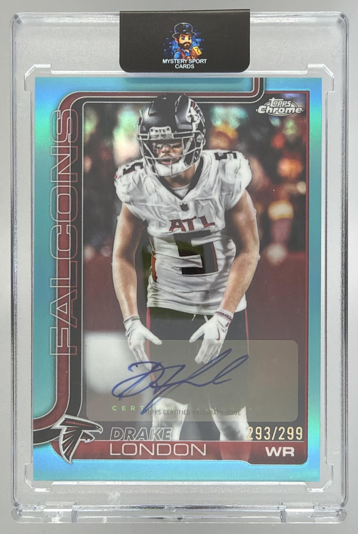 Card image for 2025 Topps Chrome Drake London Auto Teal Lava Refractor /299 #BA-DL Falcons
