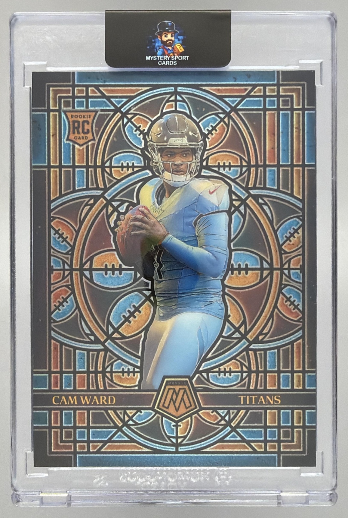 Card image for 2025 Panini Football Mosaic Cam Ward Stained Glass #25 RC Tennessee Titans