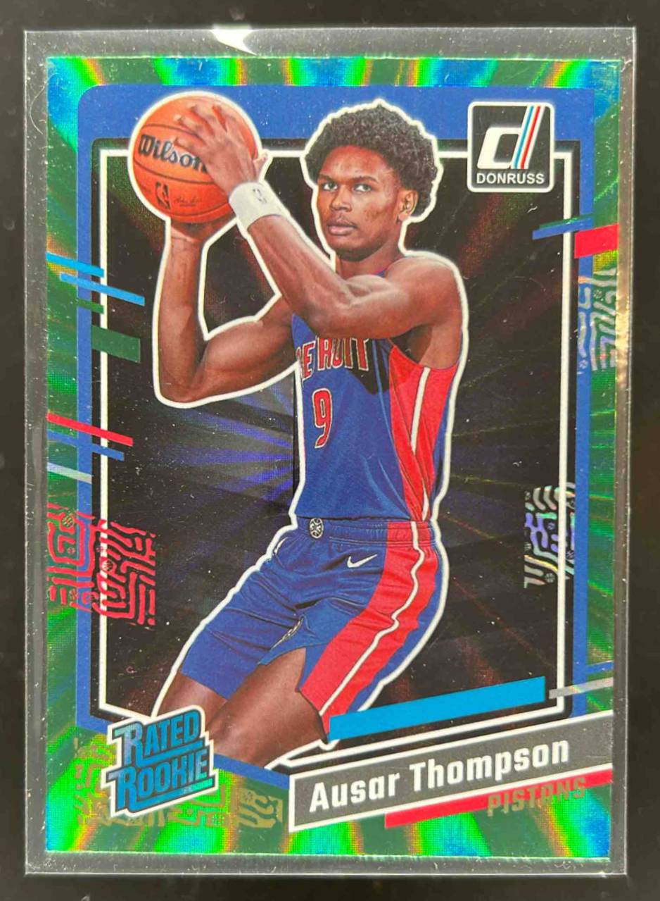 Card image for 2023-24 Panini Donruss Ausar Thompson Green Laser Holo #228 RC Rated Rookie