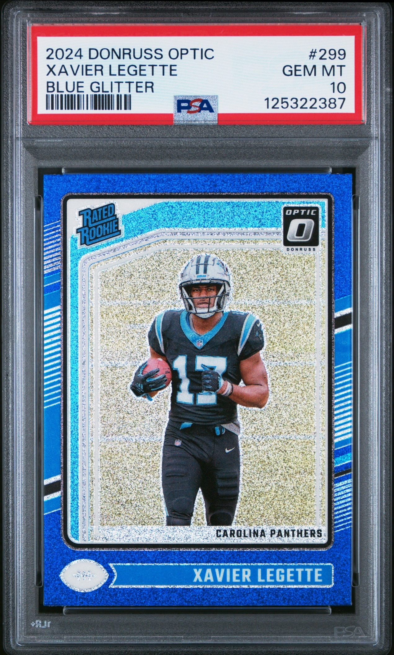 Card image for 2024 Panini Donruss Optic Xavier Legette Blue Glitter #299 Rated Rookie Panthers