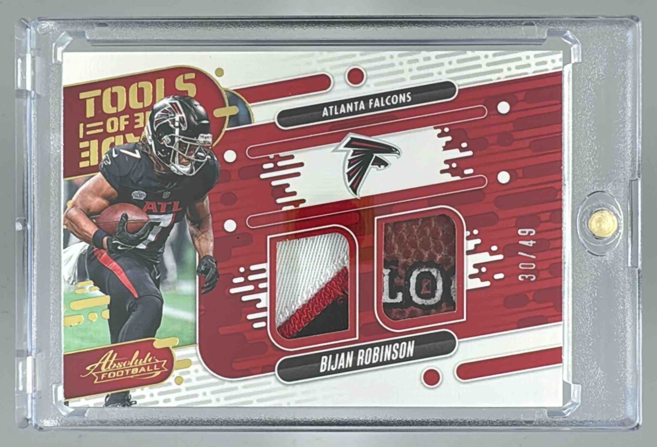 Card image for 2024 Panini Absolute Bijan Robinson Tools of the Trade Double Prime /49 #TOTD-BRN MEM Falcons