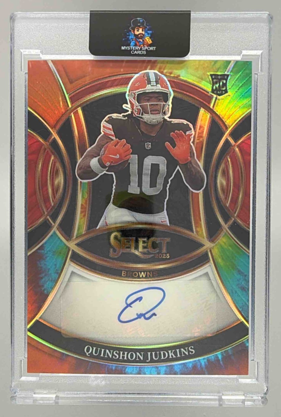 Card image for 2025 Panini Select Quinshon Judkins Rookie Signatures Tie-Dye Prizm /25 #RSI-QJS Auto