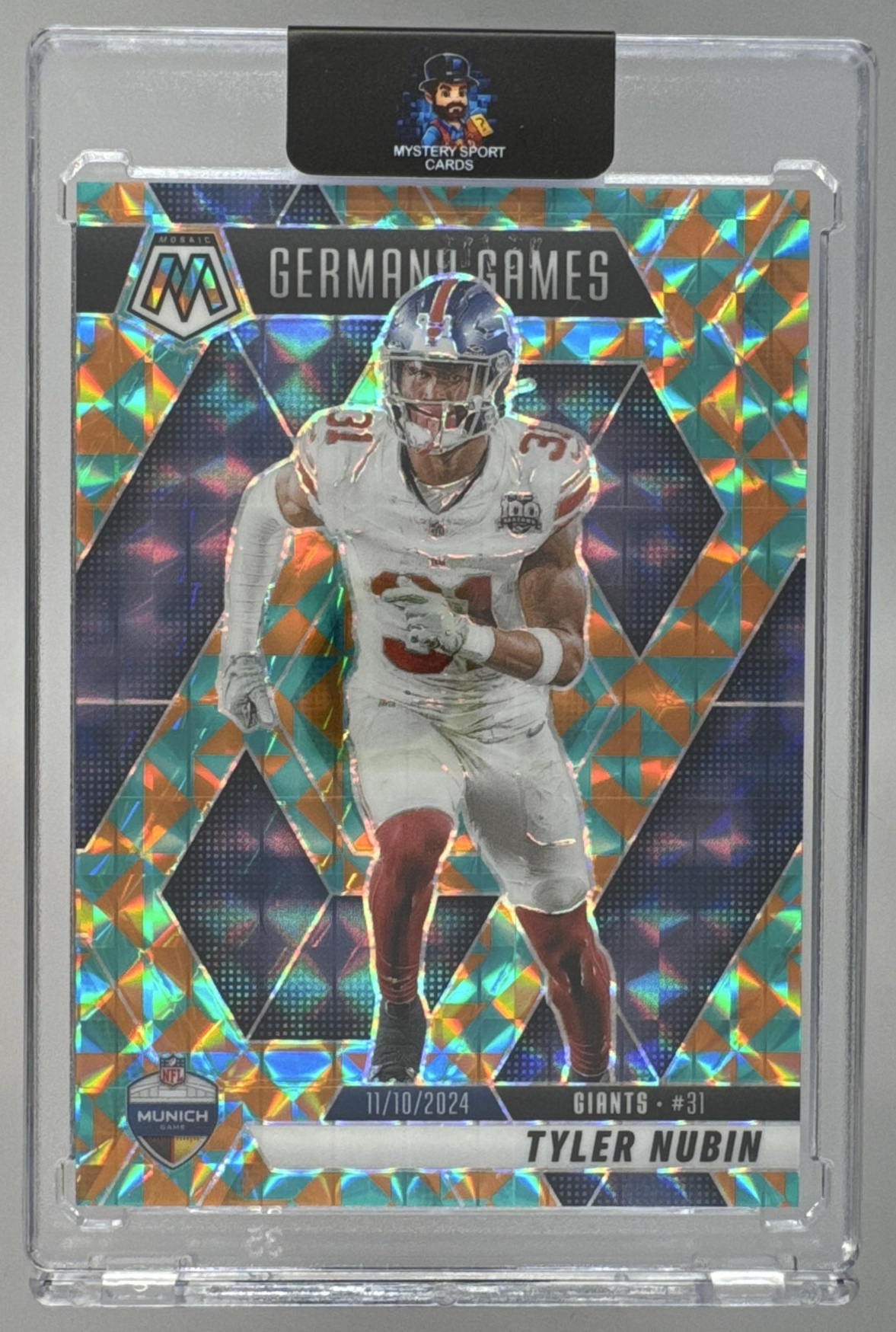 Card image for 2025 Panini Mosaic Tyler Nubin International Games Tessellation Prizm /15 #261 Giants
