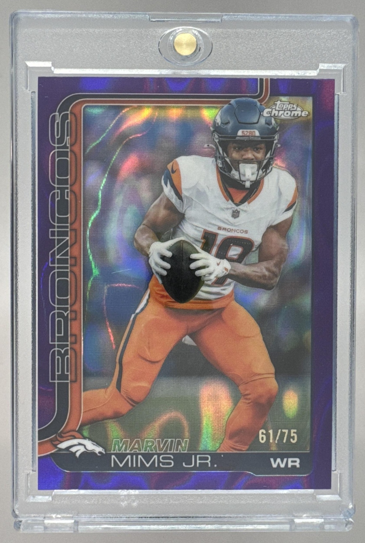 Card image for 2025 Topps Chrome Marvin Mims Jr. Football Leather Purple Refractor /75 #87 Broncos