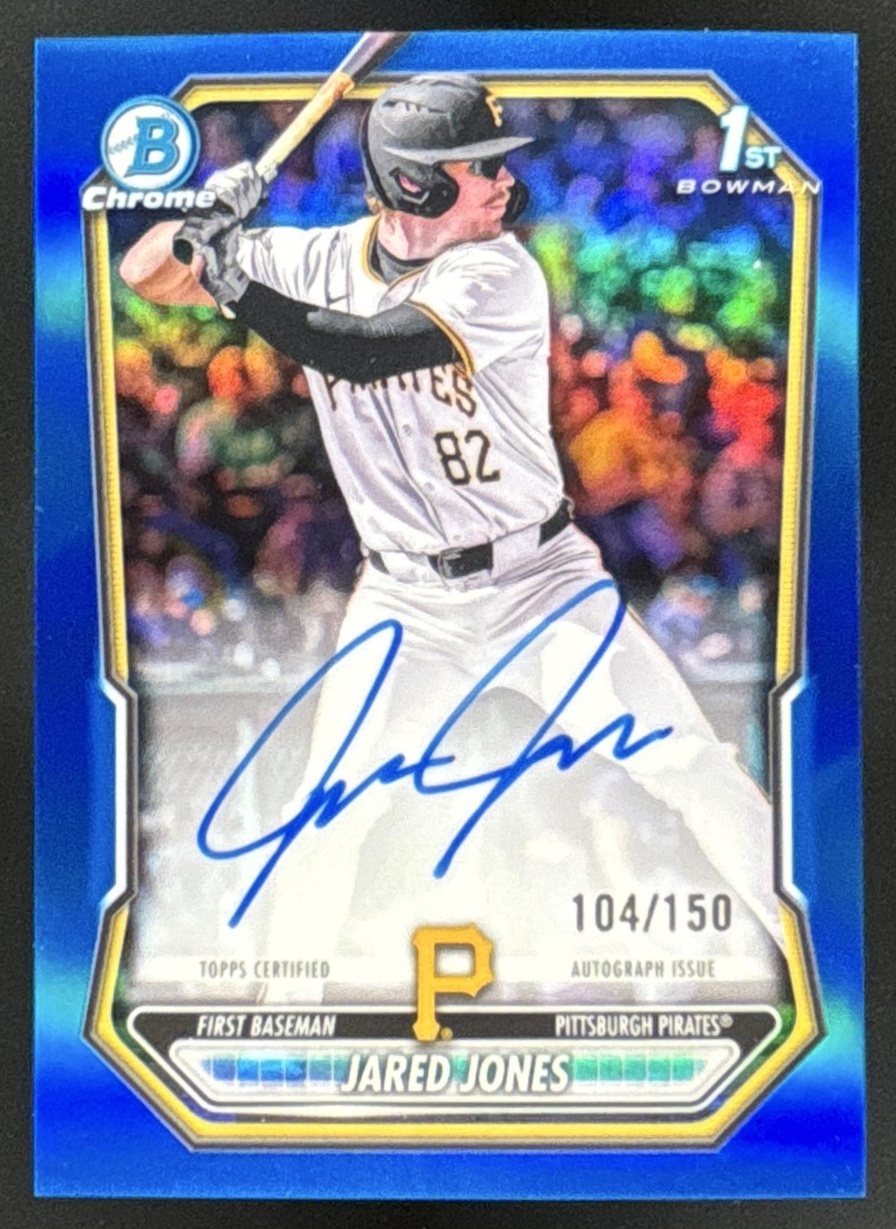 Card image for 2026 Bowman Jared Jones Chrome Auto Blue Refractor /150 1st Prospect
