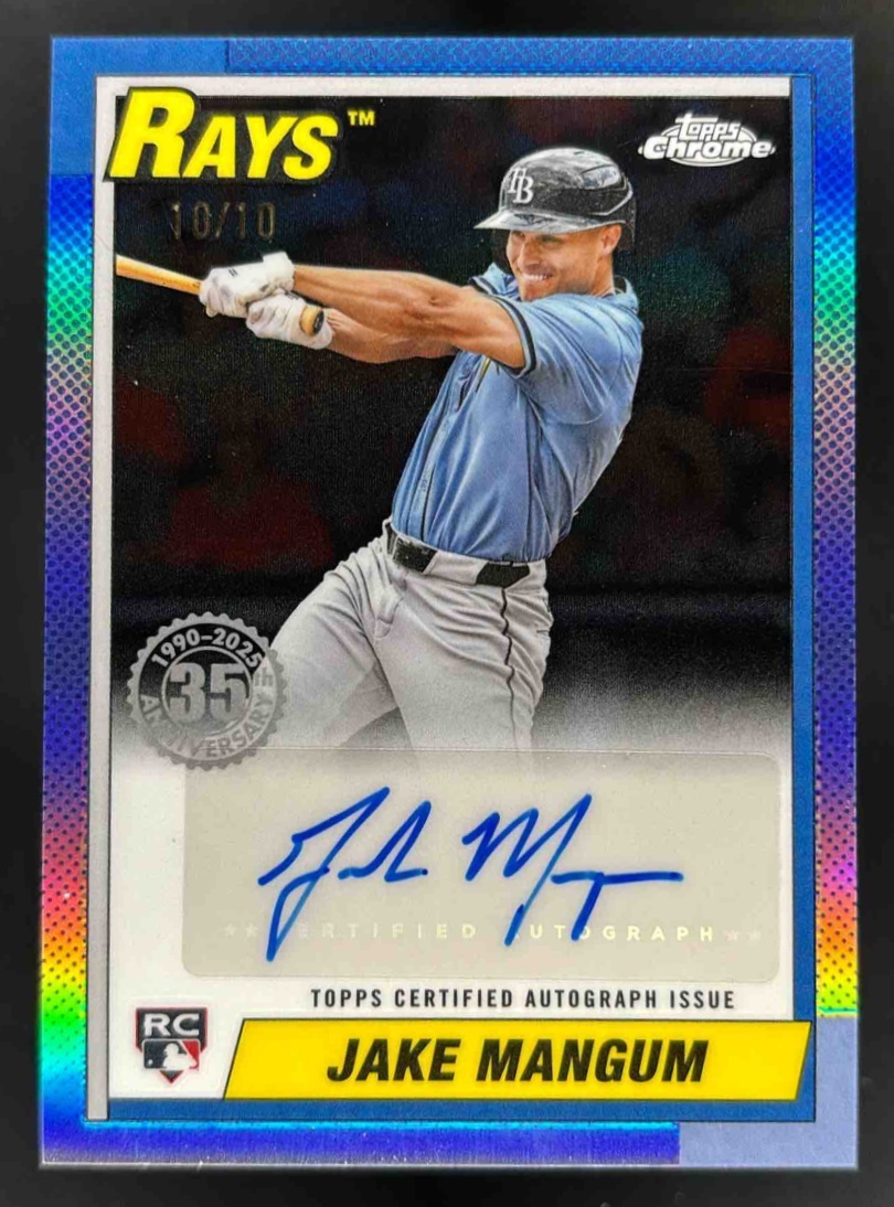 Card image for 2025 Topps Chrome Update Jake Mangum 1990 Auto Black Refractor /10 RC