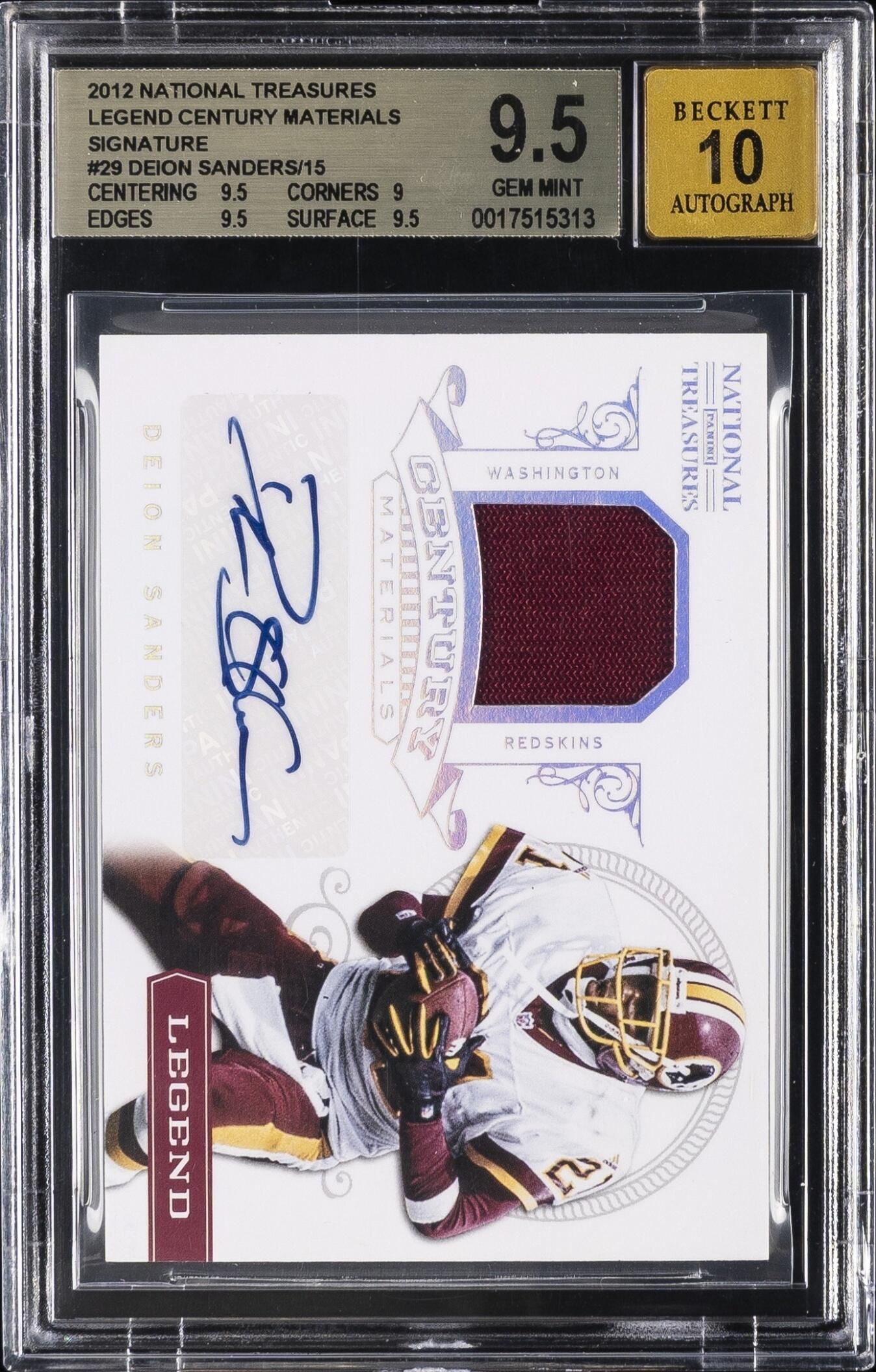 2012 National Treasures Deion Sanders Century Materials /15 #29 Auto BGS 9.5