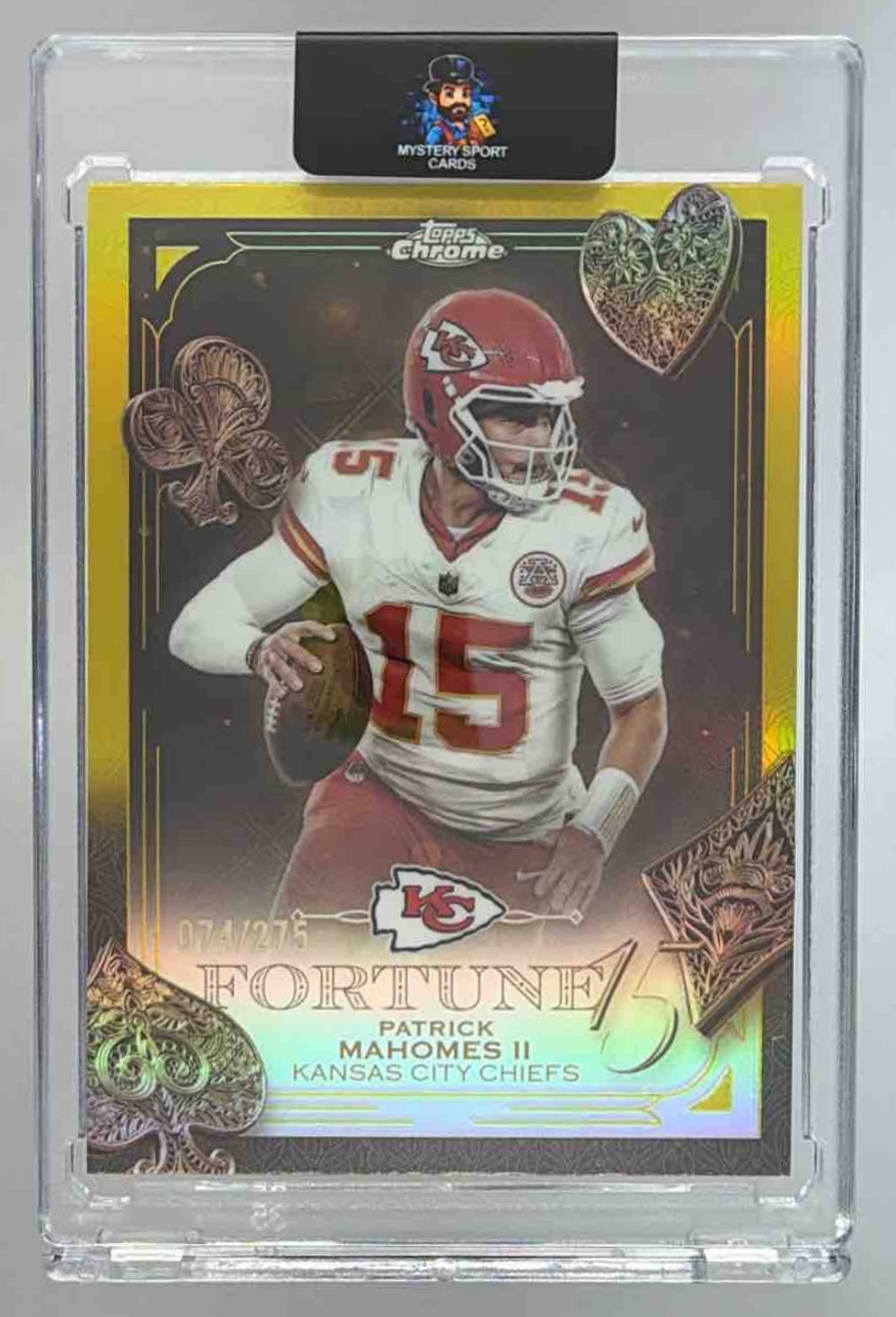 Card image for 2025 Topps Chrome Patrick Mahomes II Fortune 15 Yellow Refractor /275 #F15-6 Chiefs