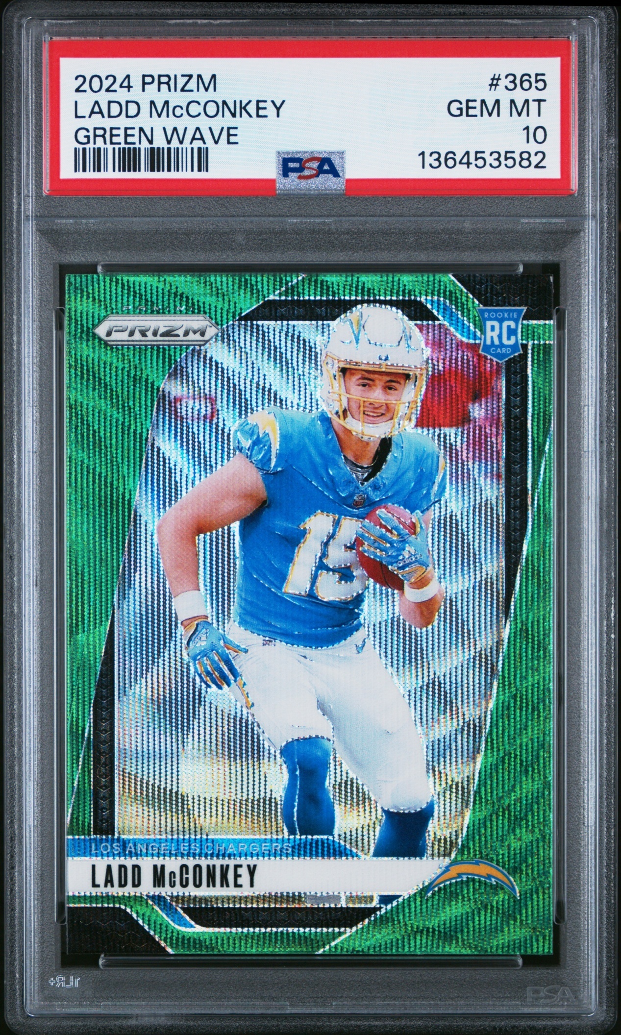 Card image for 2024 Panini Football Prizm Ladd McConkey Green Wave #365 RC Los Angeles Chargers