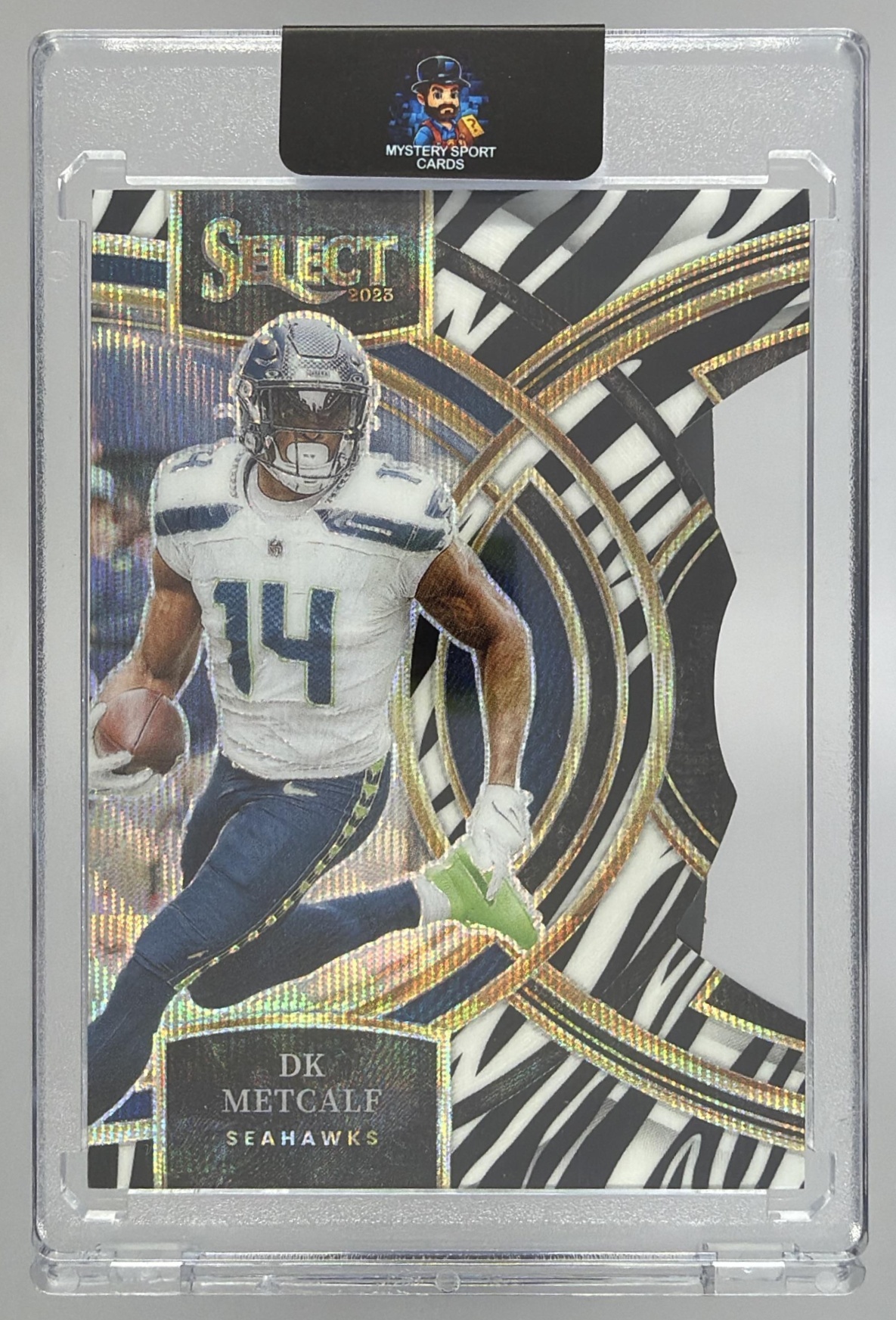 Card image for 2023 Panini Select DK Metcalf Zebra Prizm Die Cut SSP #170 Premier Level Seahawks