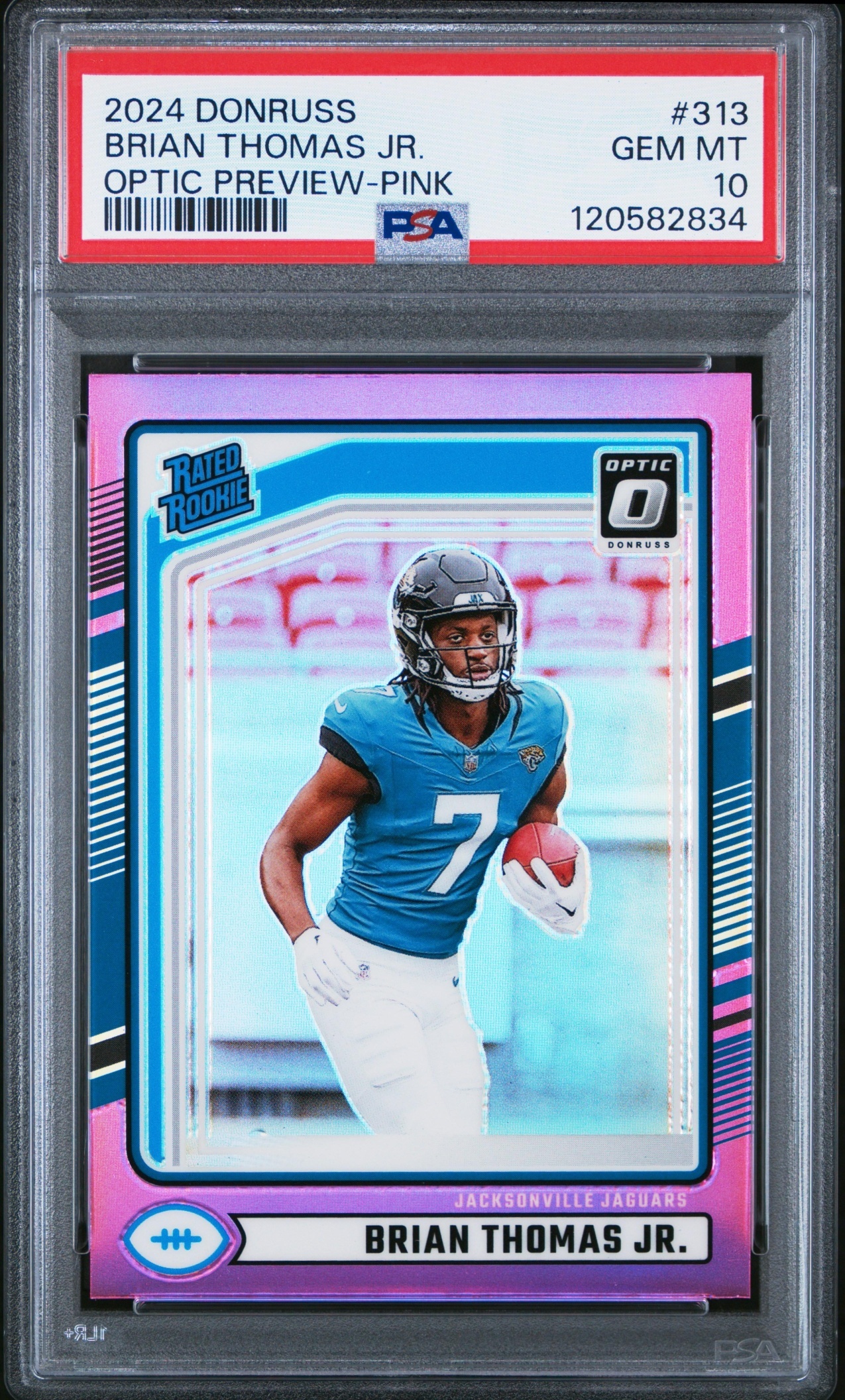 Card image for 2024 Panini Donruss Brian Thomas Jr. Optic Rated Rookie Preview Red and Green #313 Jaguars