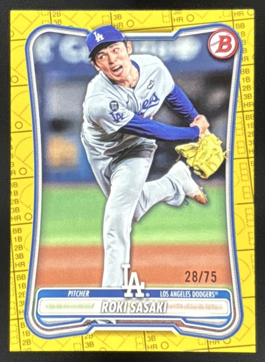 Card image for Roki Sasaki 2026 Bowman Yellow Pattern /75 Los Angeles Dodgers
