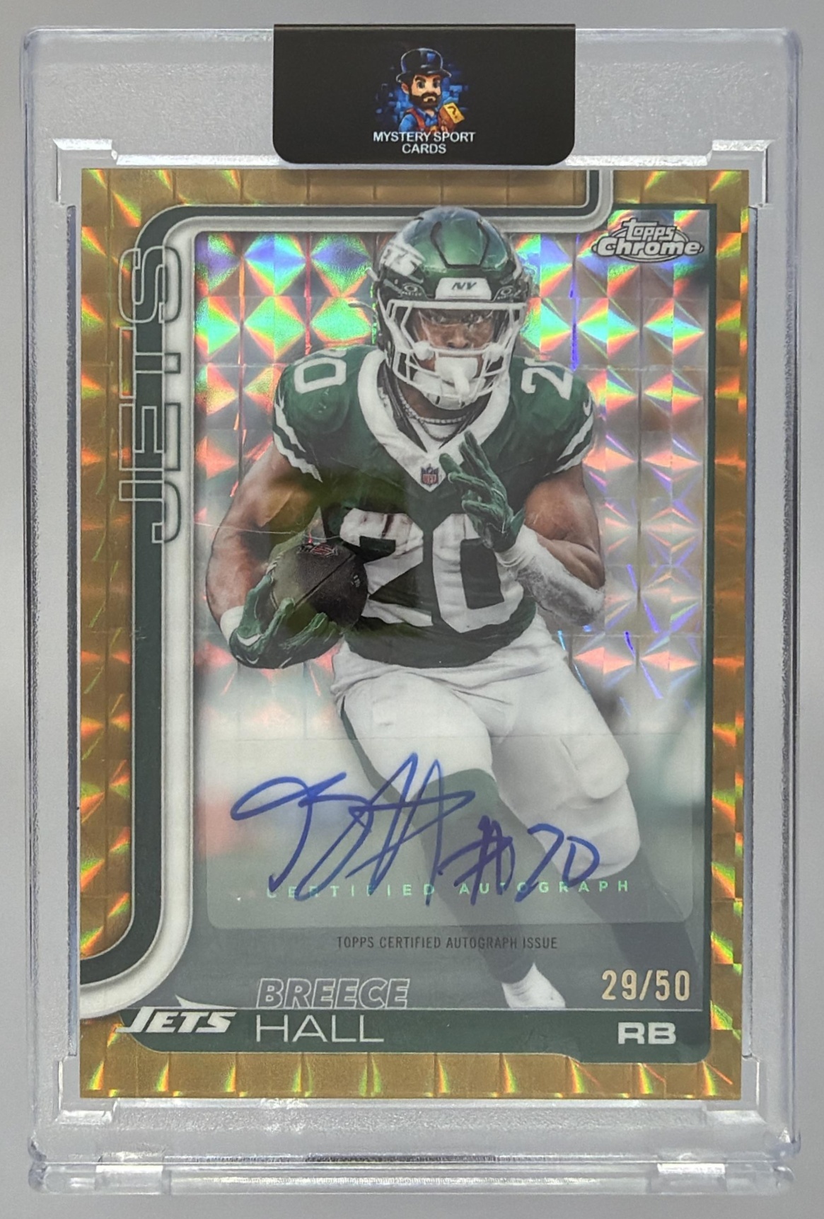 Card image for 2025 Topps Chrome Breece Hall Auto Gold Geometric Refractor /50 #BA-BH Jets