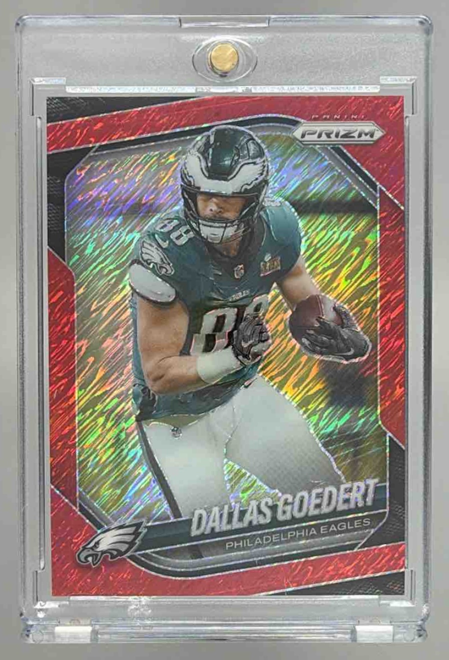 Card image for 2025 Panini Prizm Dallas Goedert No Huddle Red /99 #234 Eagles