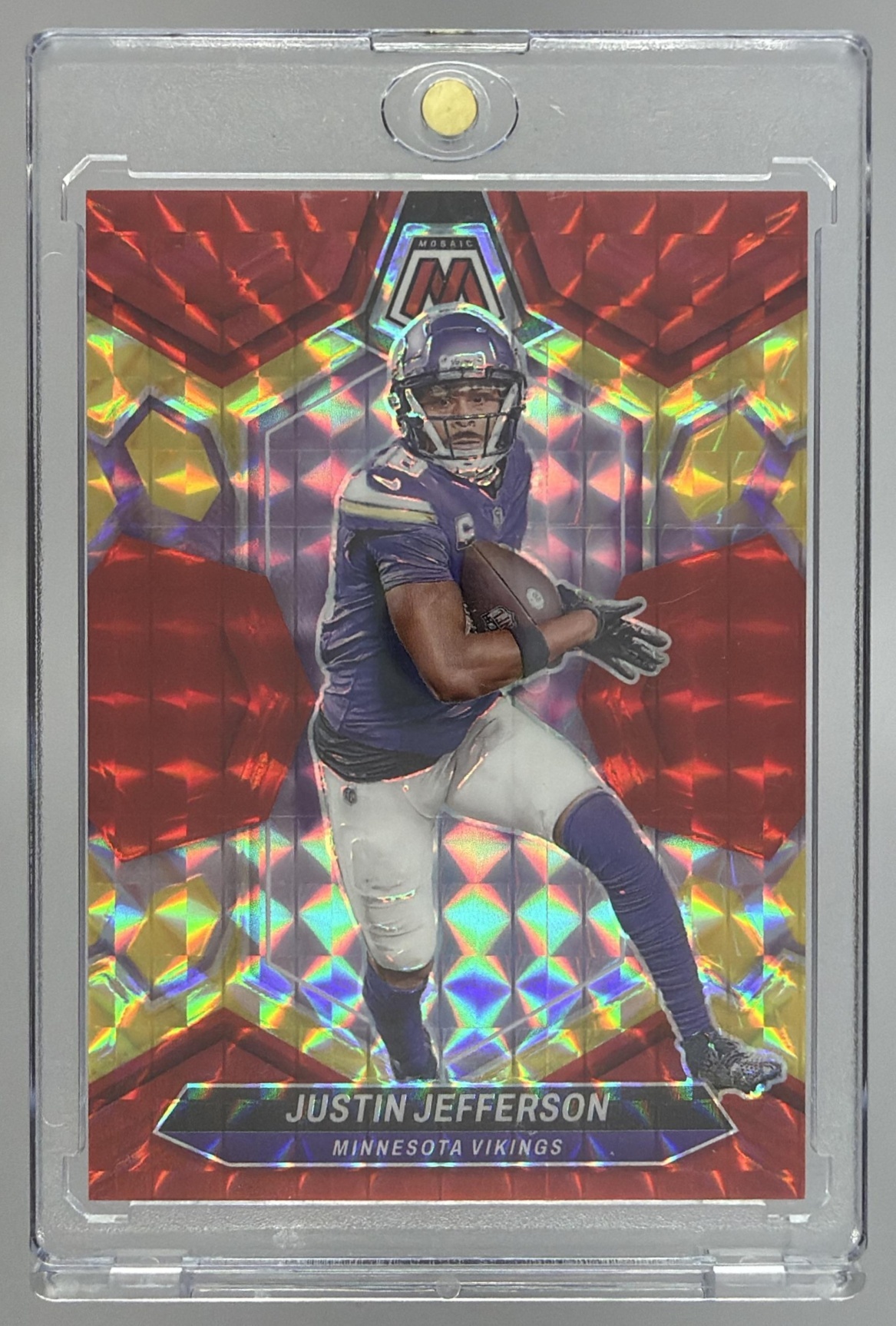 Card image for 2024 Panini Mosaic Justin Jefferson Choice Fusion Red and Yellow Prizm /80 #143 Vikings