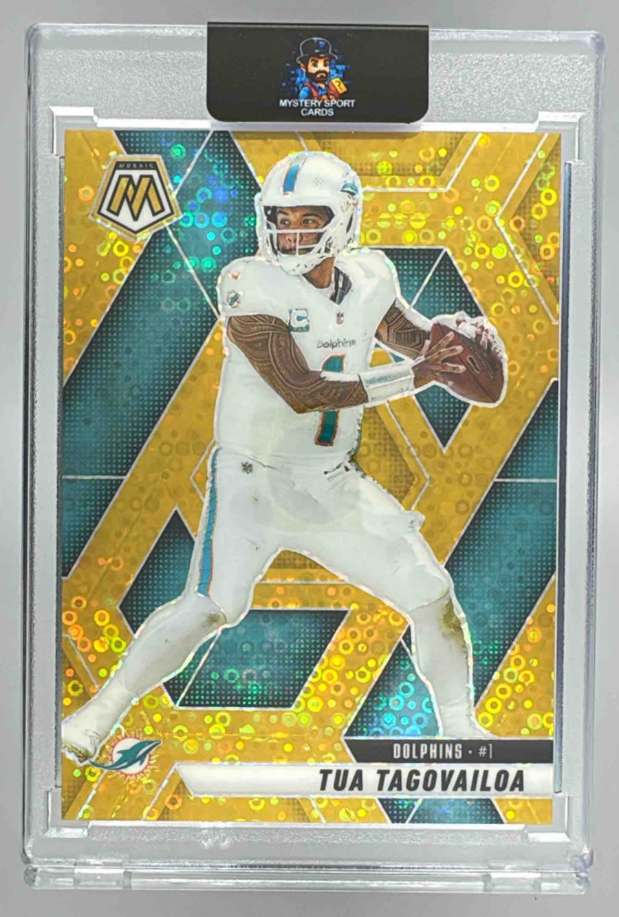 Card image for 2025 Panini Football Mosaic Tua Tagovailoa Gold Prizm /10 #159 Miami Dolphins