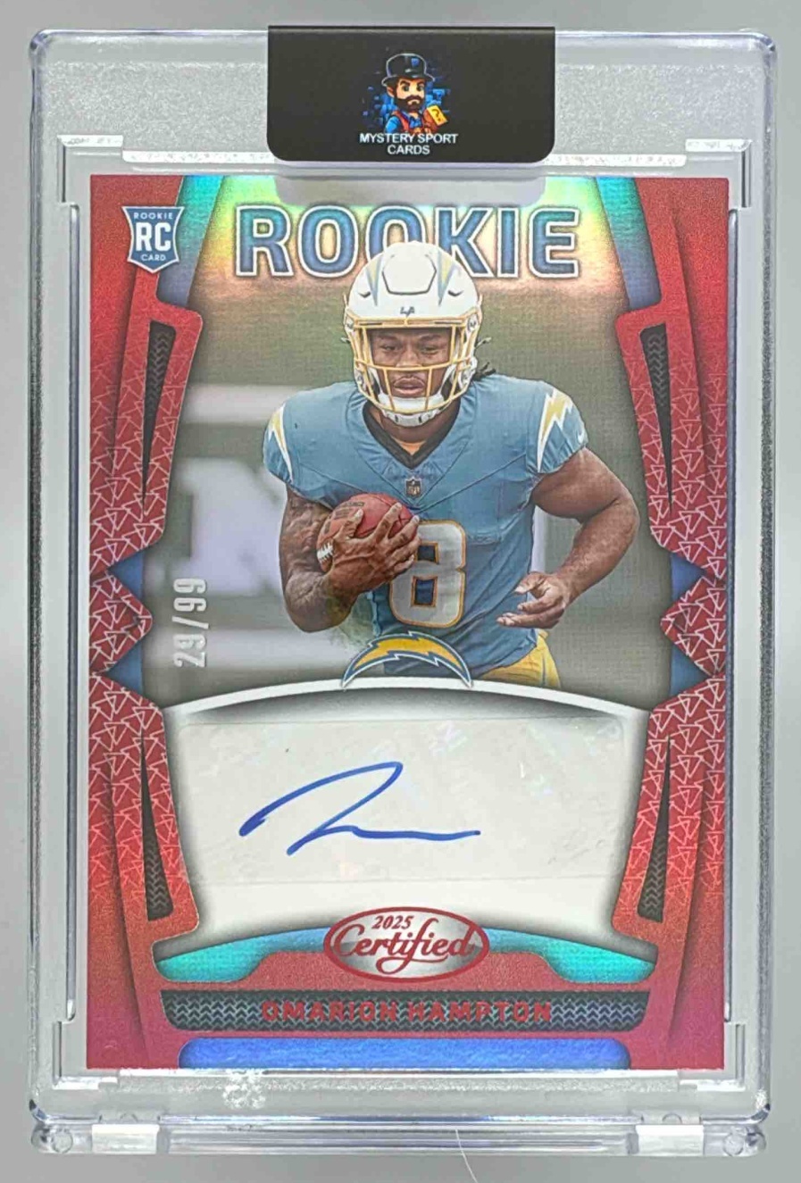 Card image for 2025 Panini Certified Omarion Hampton Rookie Signatures Mirror Red /99 #RSI-THS Auto Chargers