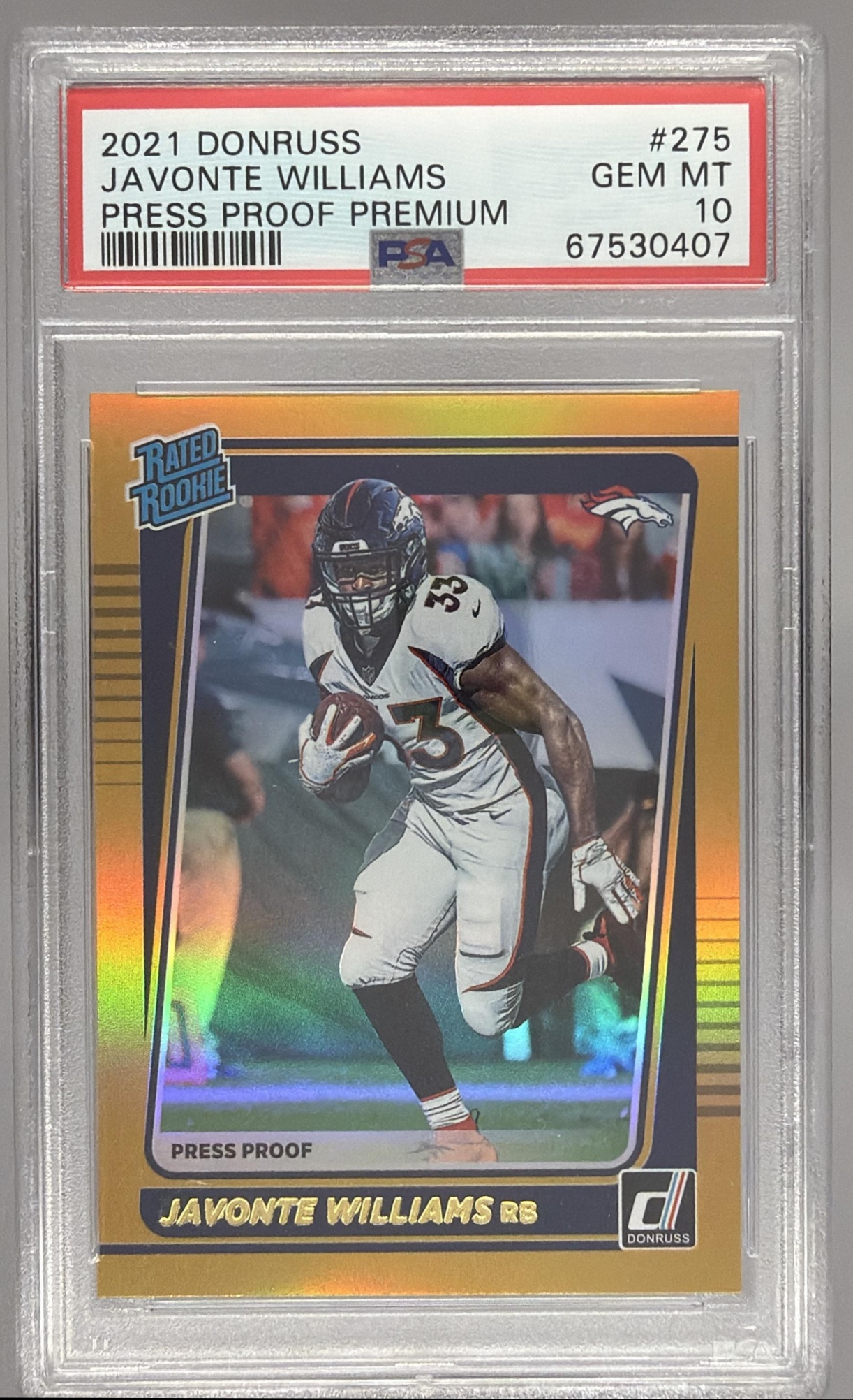 Card image for 2021 Panini Donruss Javonte Williams Press Proof Premium #275 RC Rated Rookie Broncos