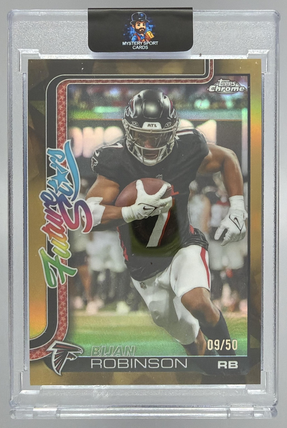 Card image for 2025 Topps Chrome Bijan Robinson Future Stars Gold Refractor /50 #FS-9 SP Falcons