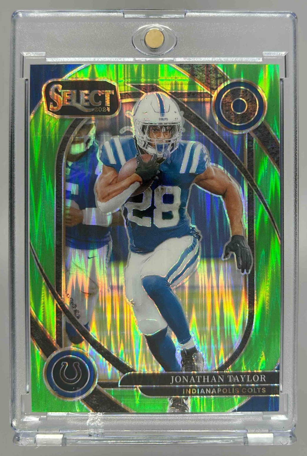 Card image for 2024 Panini Select Jonathan Taylor Club Neon Green Prizm Shock /499 #271 Colts