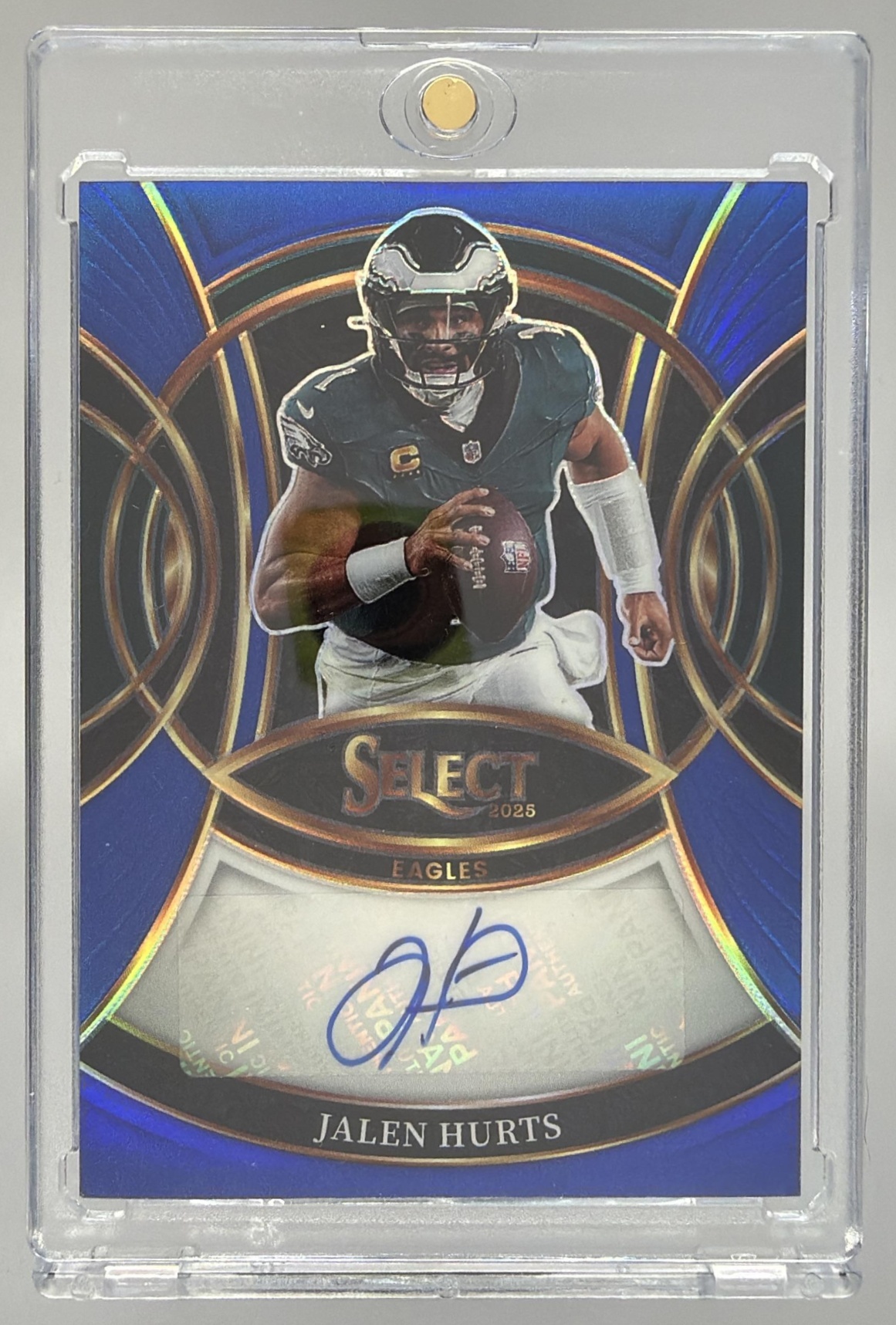 Card image for 2025 Panini Select Jalen Hurts Signatures Blue Prizm /149 #SP-JHS Auto Eagles
