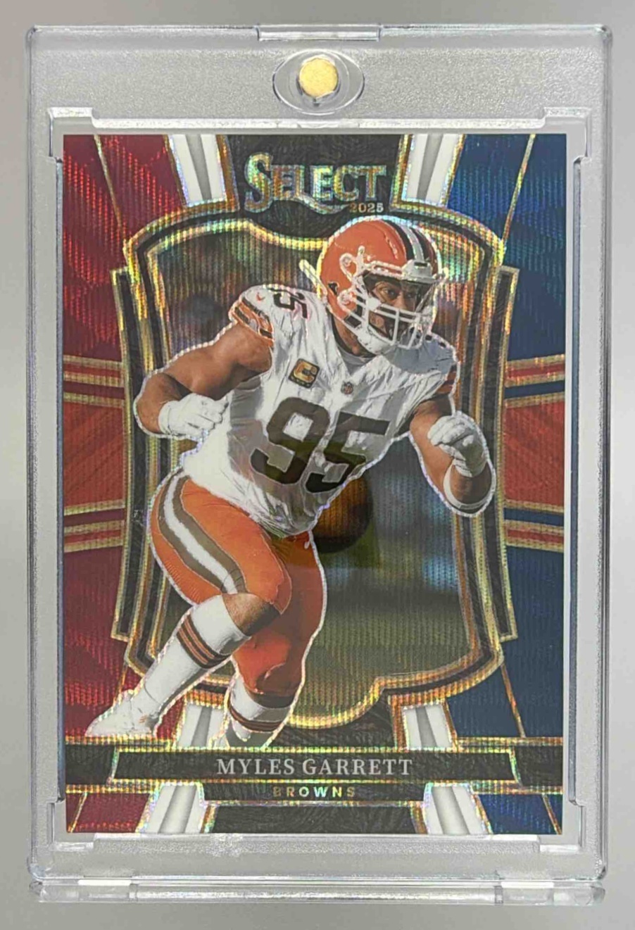 Card image for 2025 Panini Select Myles Garrett Premier Level Tri-Color Prizm /299 #156 Browns