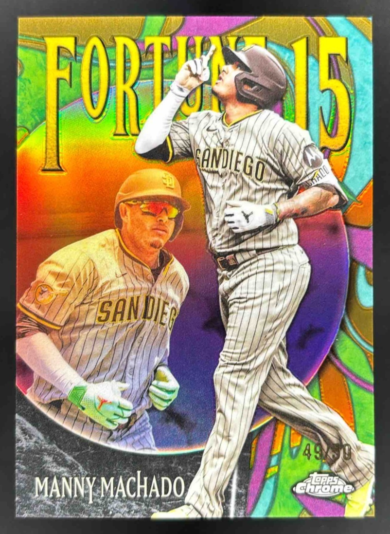 Card image for 2025 Topps Chrome Update Manny Machado Fortune 15 Gold Refractor /50