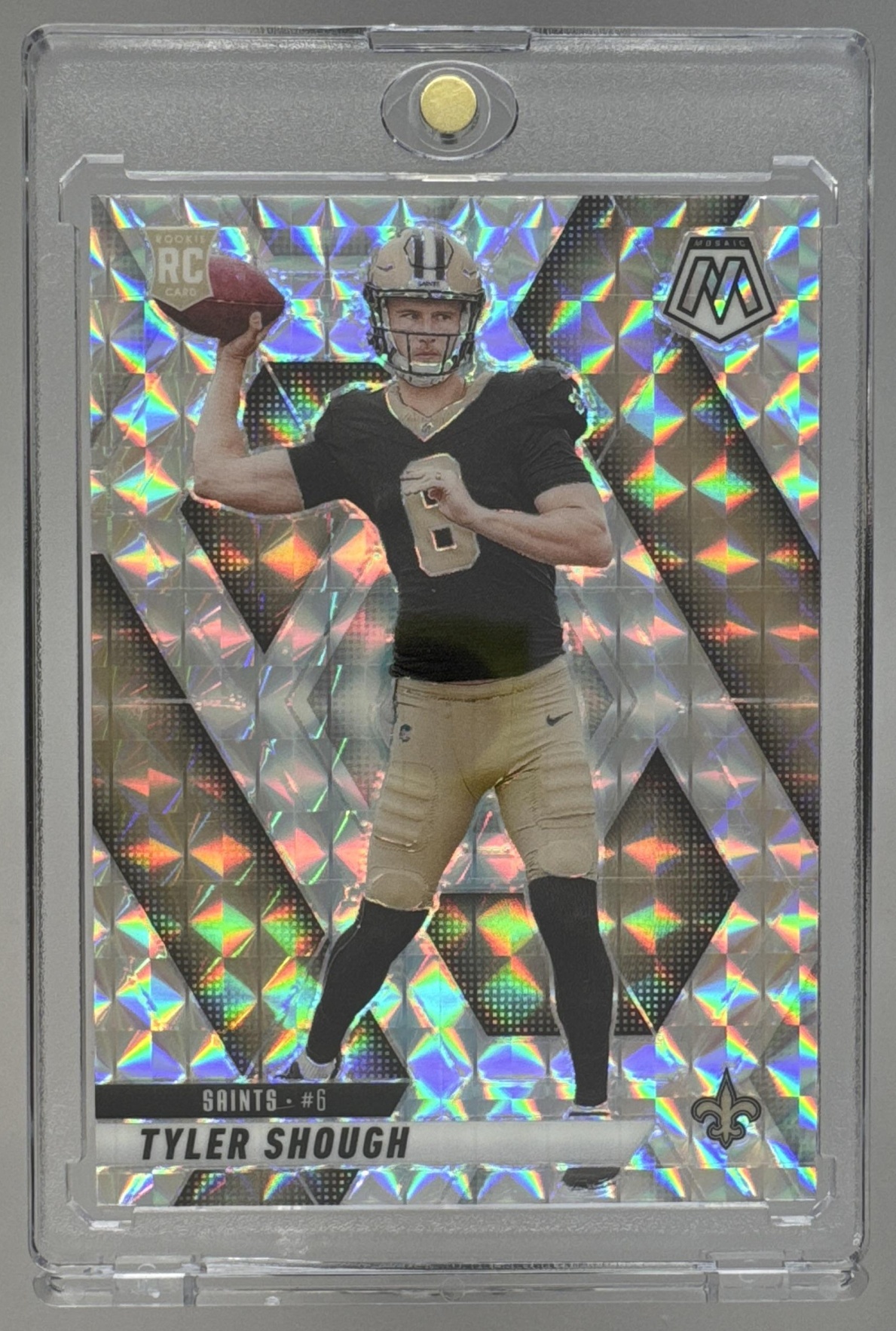 Card image for 2025 Panini Mosaic Tyler Shough Rookies Silver Prizm #312 RC Saints