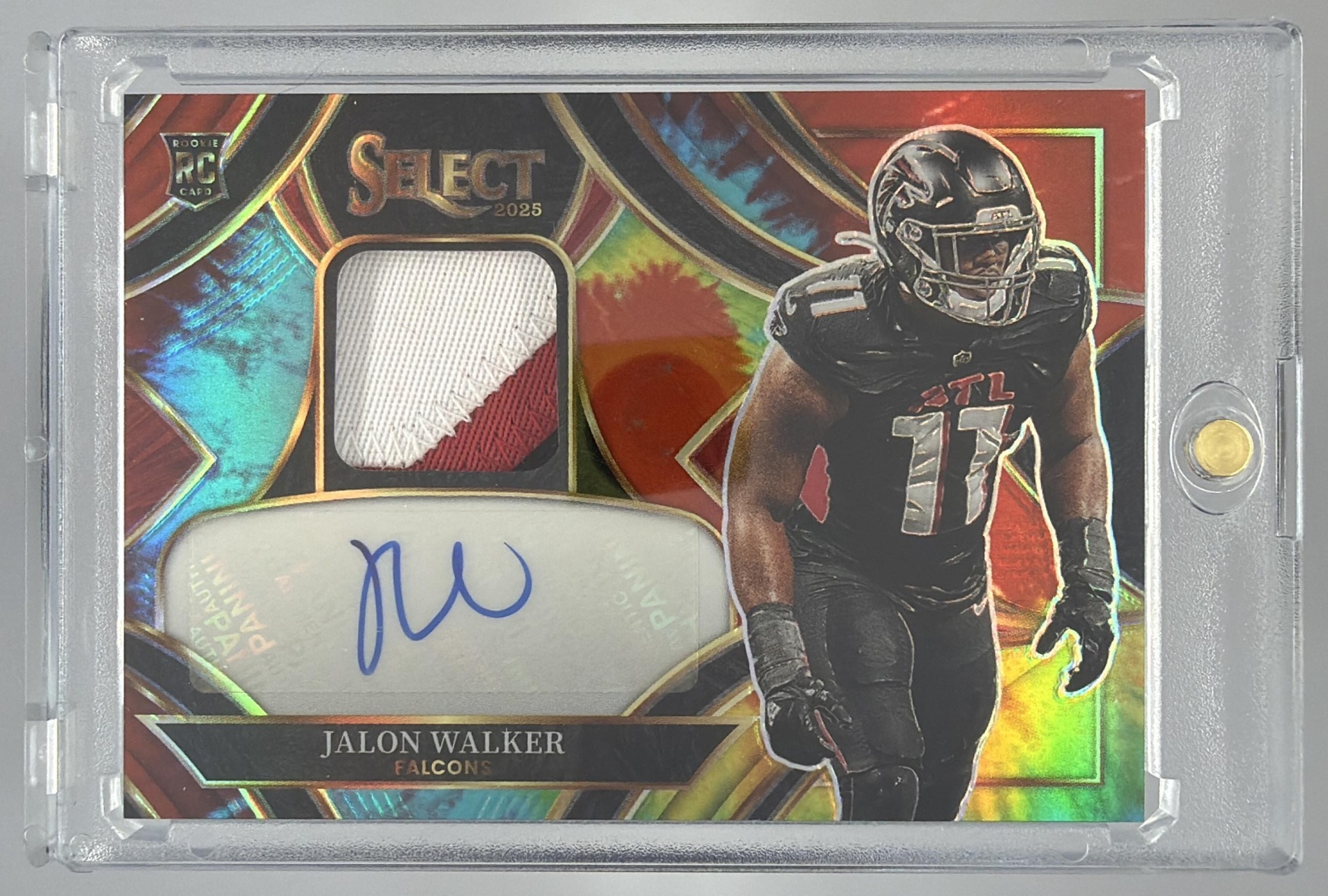Card image for 2025 Panini Select Jalon Walker Rookie Signature Memorabilia Tie-Dye Prizm /25 #RSMP-JWR MEM RC Auto Falcons