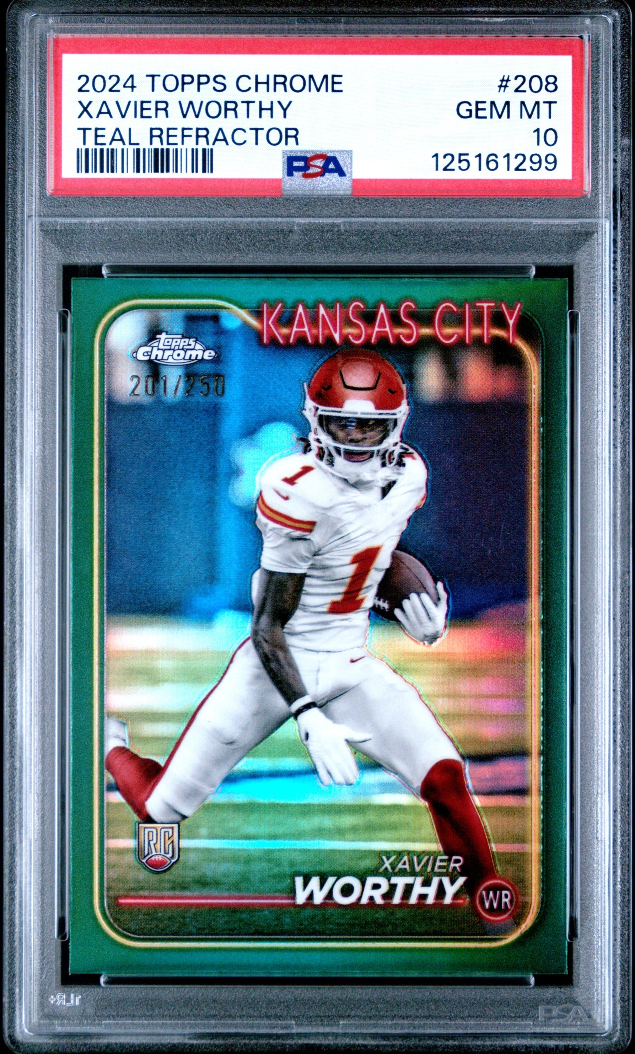 Card image for 2024 Topps Chrome Xavier Worthy Teal Refractor /250 #208 RC Chiefs