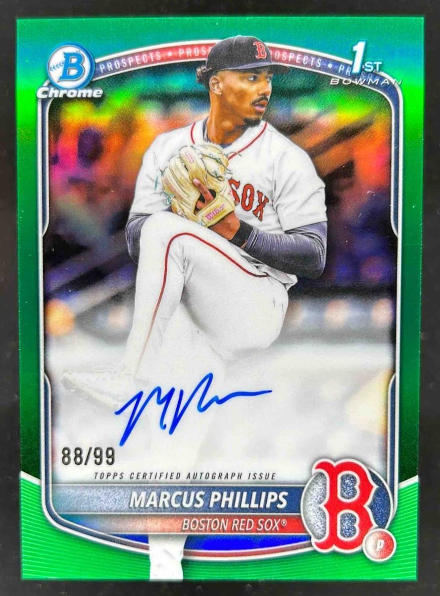 Card image for Marcus Phillips 2025 Bowman Draft Chrome Prospect Auto Green Refractor /99